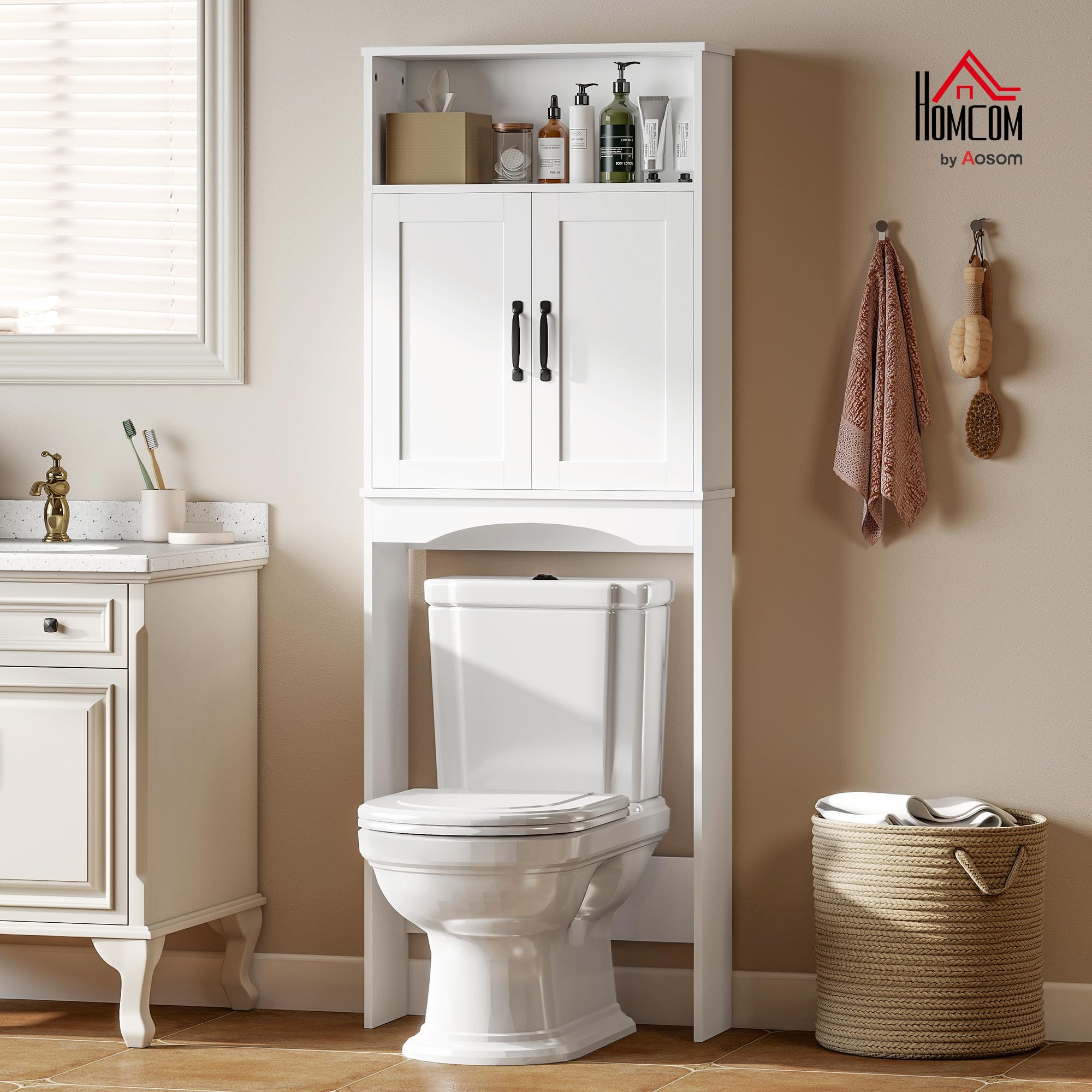HOMCOM Mueble sobre Inodoro, Armario sobre Inodoro, Mueble de Baño con 2 Puertas de Cierre Silencioso, Estante Abierto para Lavanderías, Espacios Pequeños, 64x21x173,5 cm, Blanco