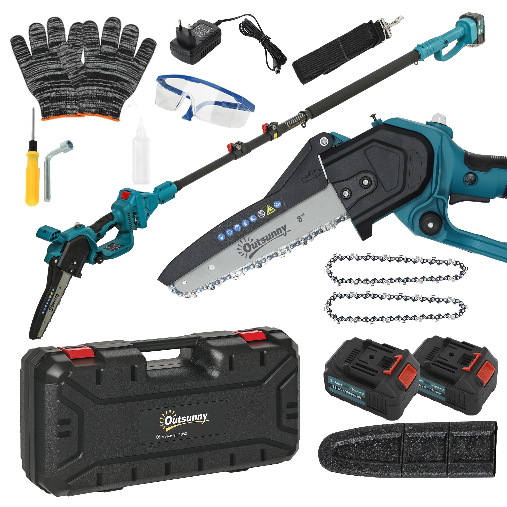Outsunny Mini Motosierra Batería 6000mAh 8 Pulgadas 580W 2 Baterías | Motor sin Escobillas, Motosierra Eléctrica con Palo Extensible, Doble Bloqueo, para Podar Árboles, Jardinería y Madera