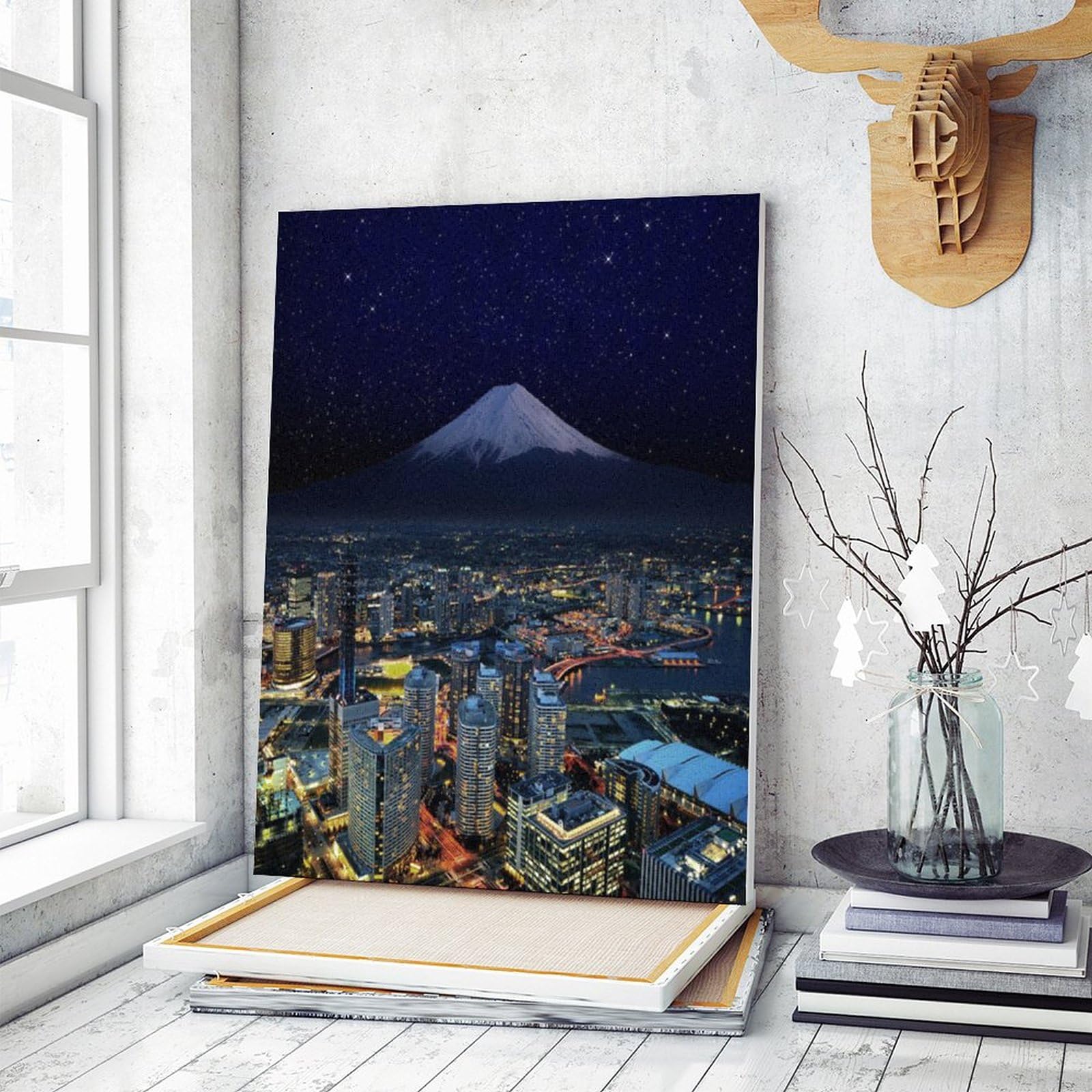 Amazon | 夜の街は富士山に包まれる 数字油絵 点描の都市景観