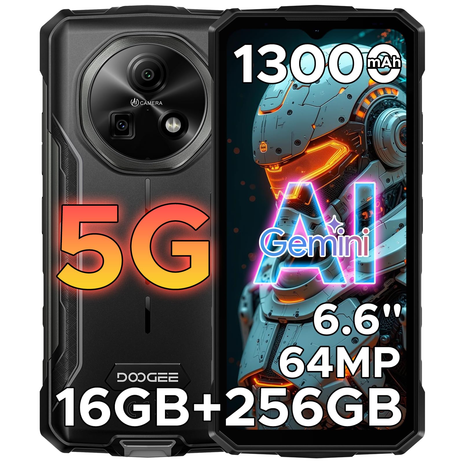 DOOGEE Fire 7 Rugged Smartphone 5G Android 15, 16GB+256GB/2TB Telefono Cellulare, 13000mAh Telefono Indistruttibile, Gemini AI 64MP+16MP Rugged Phone, MTK 6300 Octa Core/Dual SIM/NFC/GPS/IP68/BT5.2