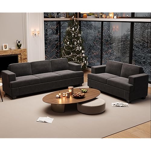 Fiona's magic 5 Seats Couch Set, 2 Piece Set Comfy Sofa, 3 Seater & Loveseat Sofa with Deep Seats for Living Room, Modern Sleeper Couch, Dark Grey Chenille