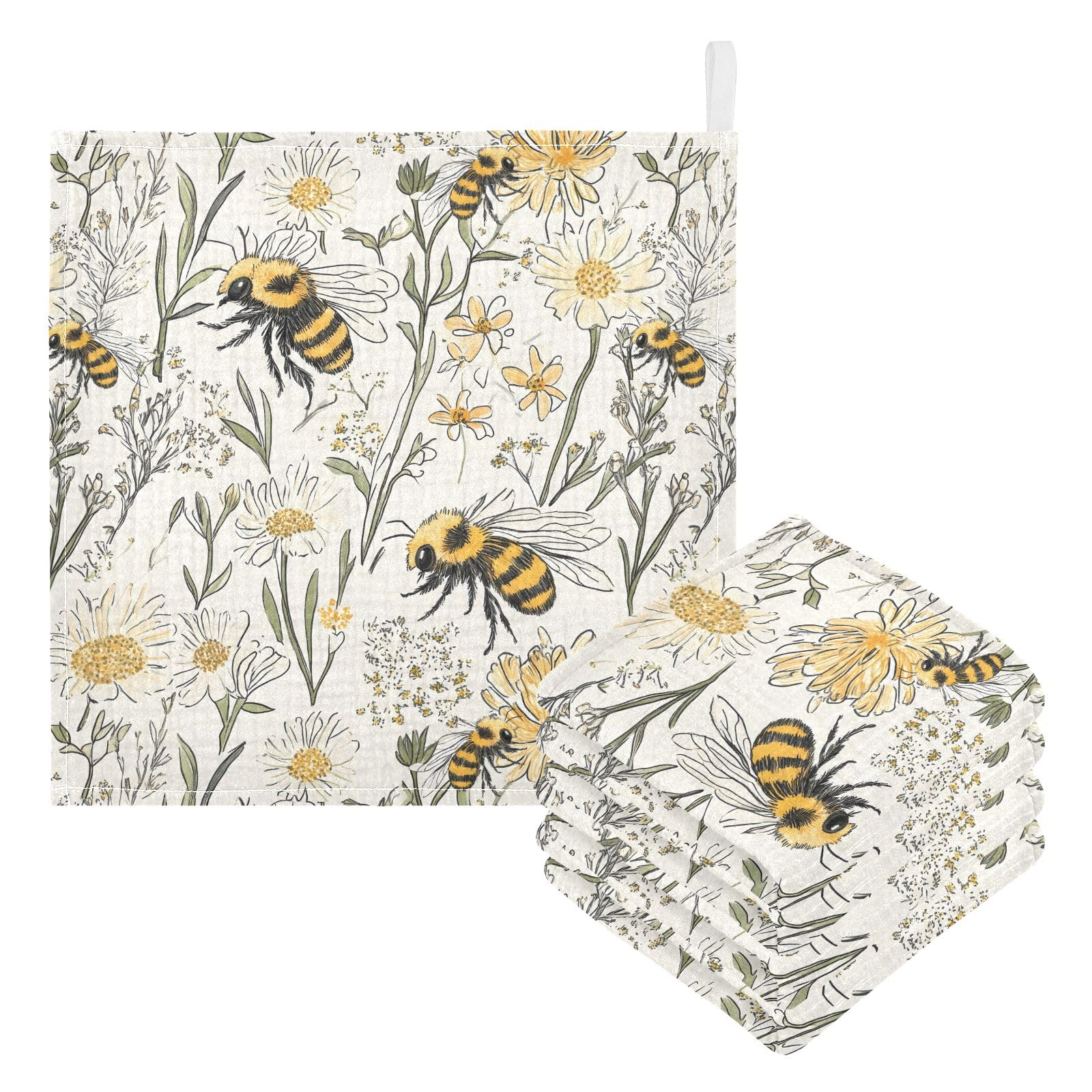 Bolaz Washcloths Set Bathroom Kitchen Wash Cloths Face Towels Wipes Vintage Bee Decorative 12x12 Inch 5 Pack