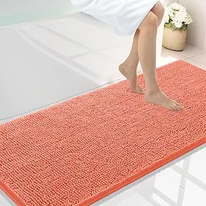 Smiry Luxury Chenille Bathroom Rugs 59x24, Extra Soft and Absorbent Shaggy Bath Mat, Machine Washable, Non-Slip Plush Carpet Runner for Tub, Shower, and Floor, Home Decor Accessories, Coral