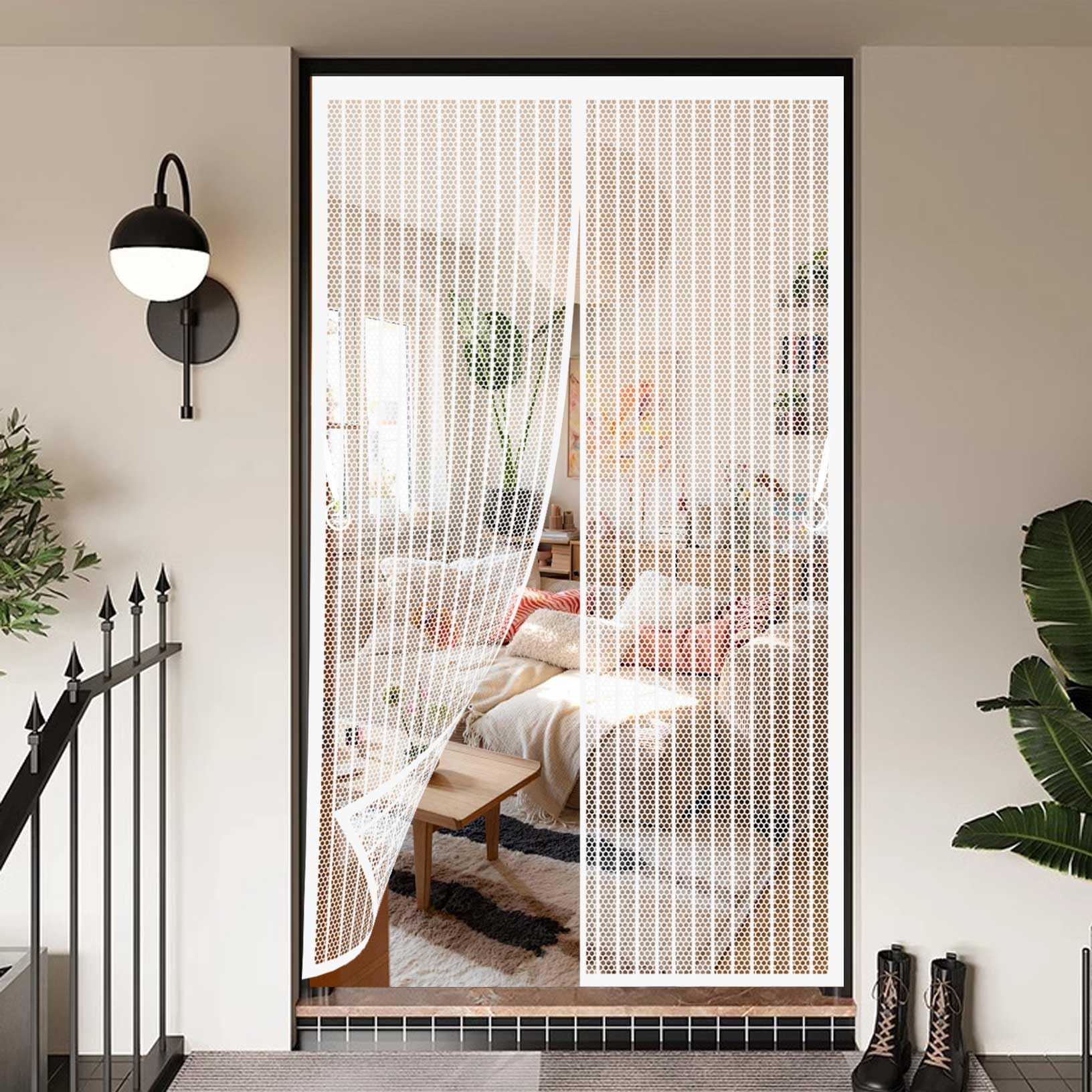 Magnetic Fly Screen Door 138 x 154 cm with Powerful Magnets and Full Frame Magic Tape Fly Screens Doors Nets Self Sealing No Gap, Pet-Friendly for Home, Office and Store, White