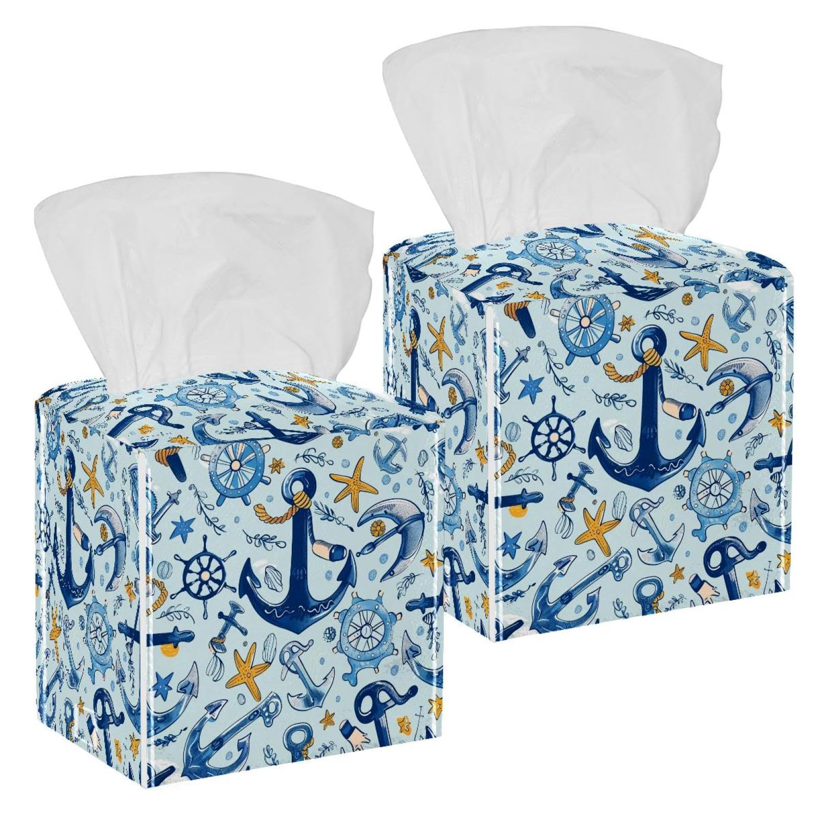 Sea Anchors Tissue Box Cover, 2 Pack PU Leather Square Facial Tissue Dispenser Box holder for Home Office Car