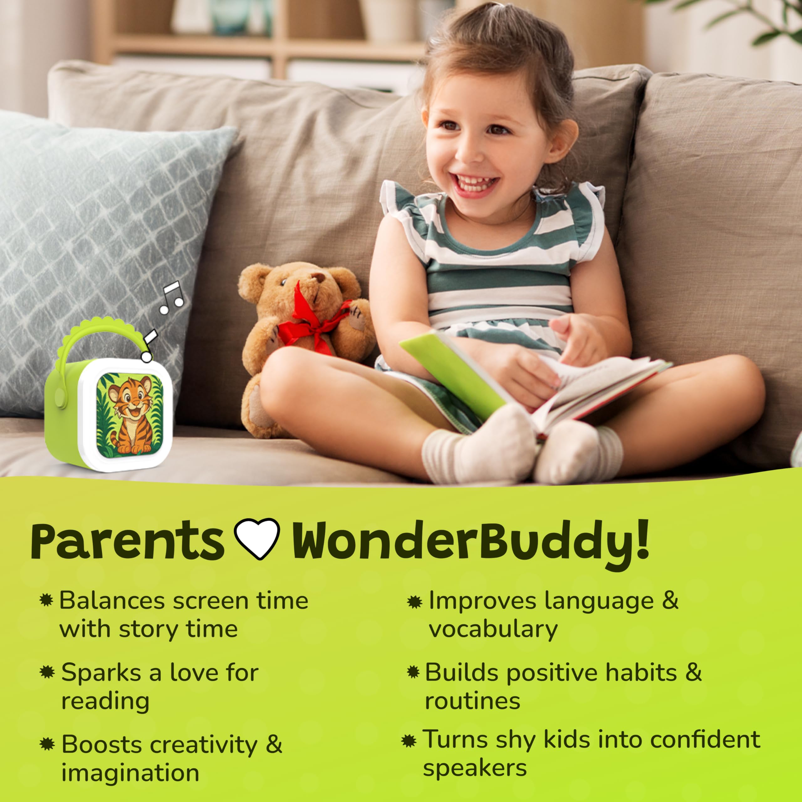 WonderBuddy StoryBox Mini, 200+ Stories & Rhymes Preloaded, Educational Toy, RGB Lights, Kids BT Speaker, Birthday Gift for 2+ Year Kids, Musical Toys for 2+ Year Old Boy & Girl - Tiger with Mic 4