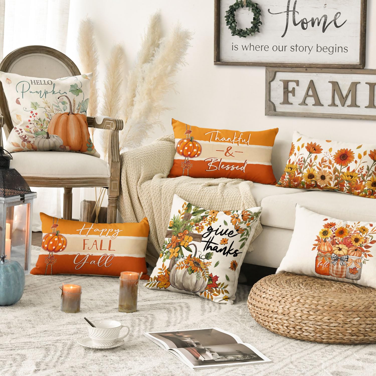 AVOIN Colorlife Fall Black And White Buffalo Plaid Check Pumpkin Thank