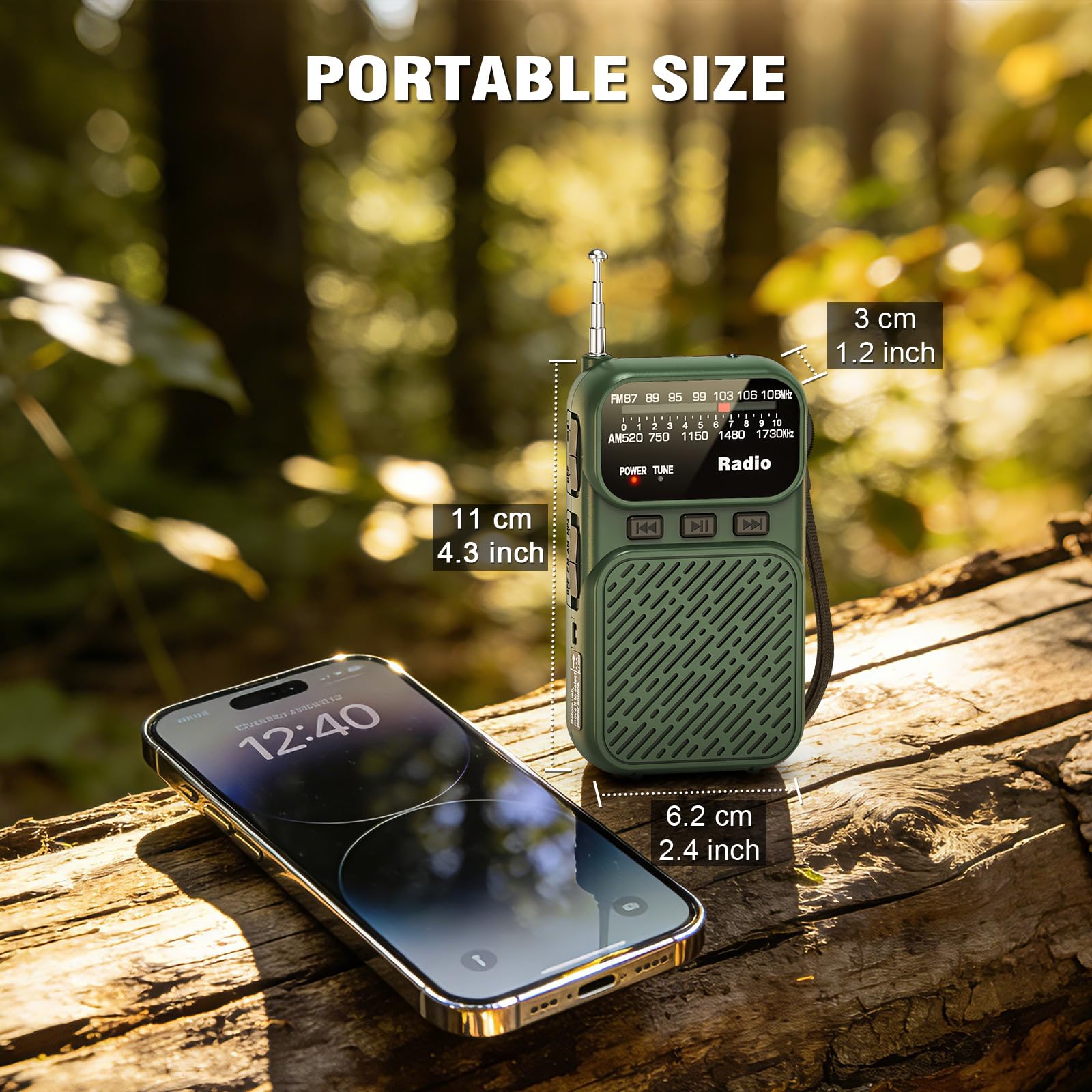 Tendak Mini Radio à Piles AM/FM/FM Bluetooth Portable 1200 mAh USB-C Vert