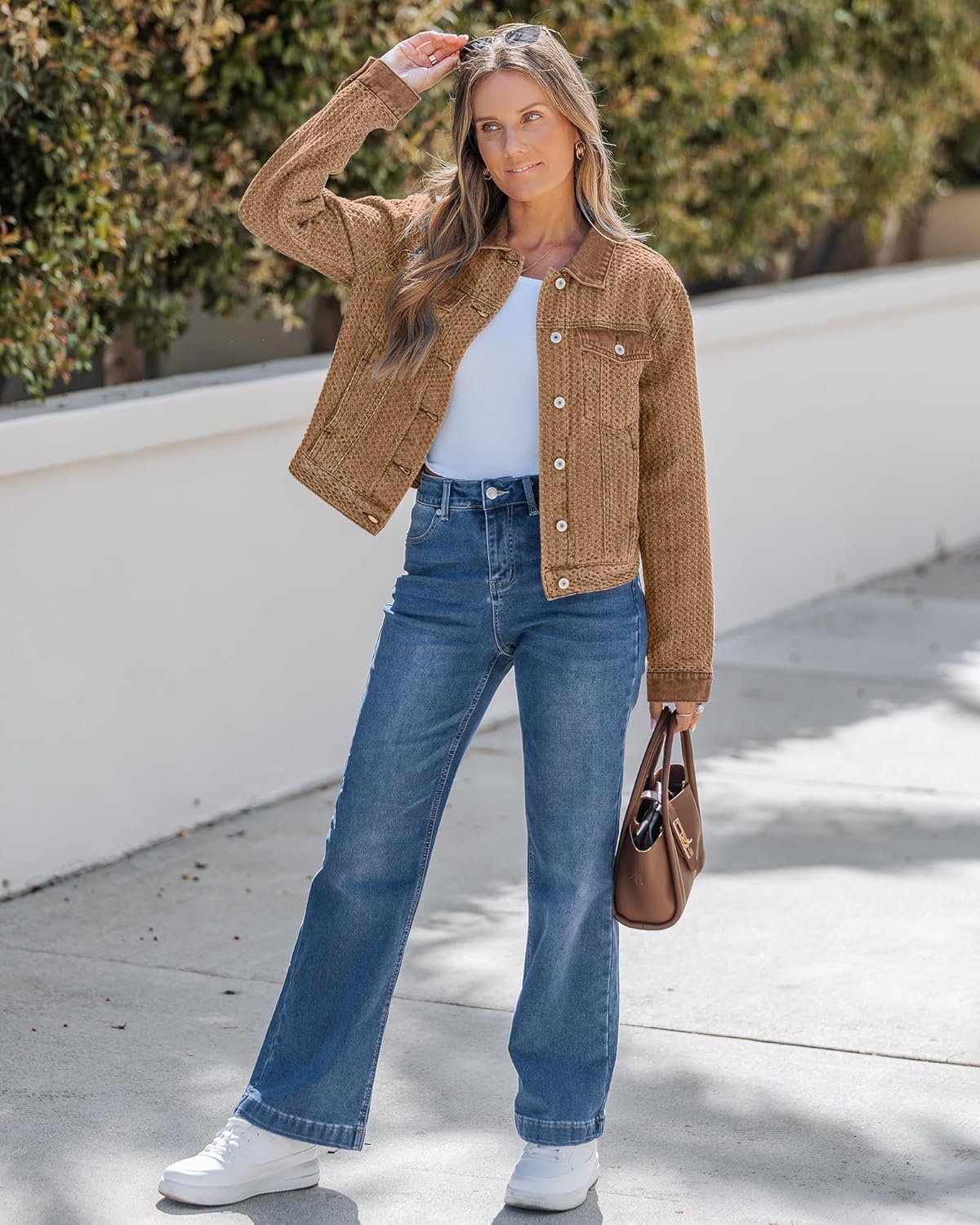 luvamia Jean Jacket Women Trendy Texture Distressed Button Down Long Sleeves Casual Trucker Denim Jackets with Pockets - Image 6