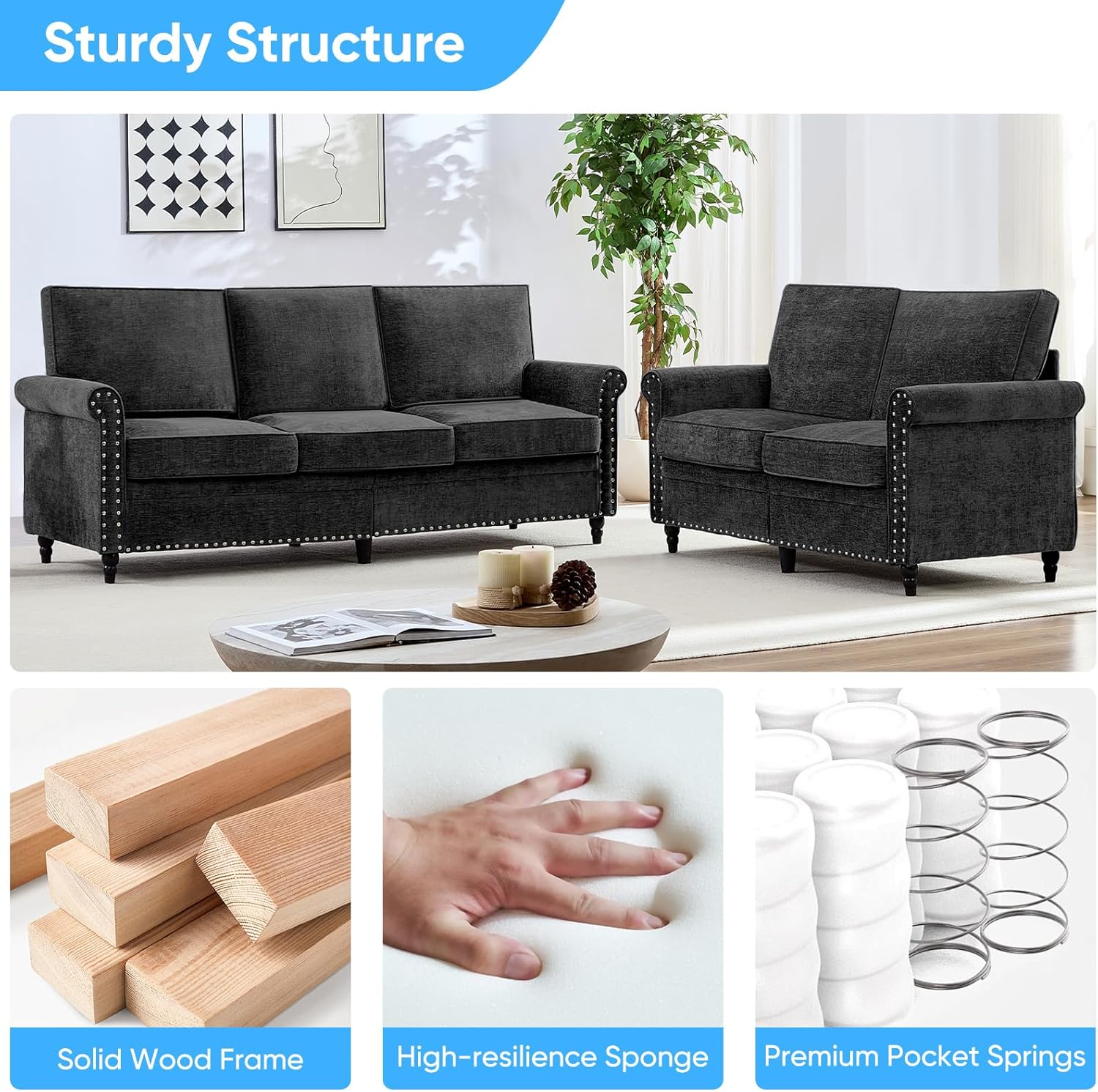 Mjkone 2 Pieces Living Room Sofa Set, Chenille Sofa Couch and Loveseat Set, Sectional Sofas Couch Sets with Wood Frame, Gourd Shape Wood Legs, 6.7" Thicken Cushion, Rivet Design for Living Room, Black