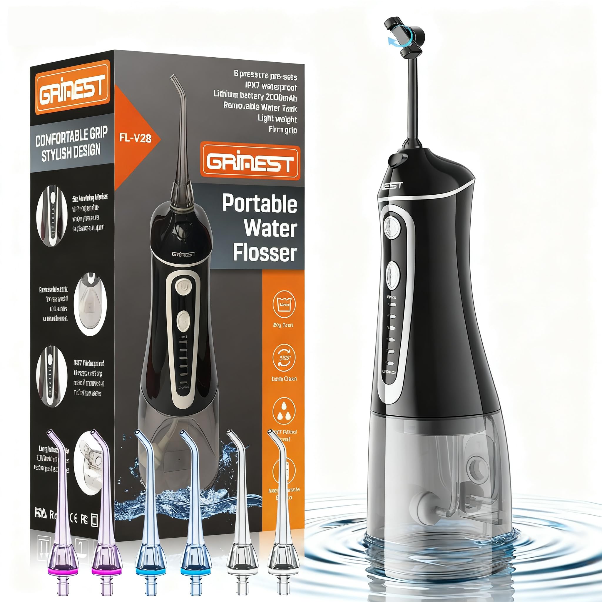 Water Flosser,Water Dental Flosser Pick for Teeth,Grinest 7 Modes Rechargeable Cordless Oral Irrigator Portable IPX7 Waterproof Tooth flossers for