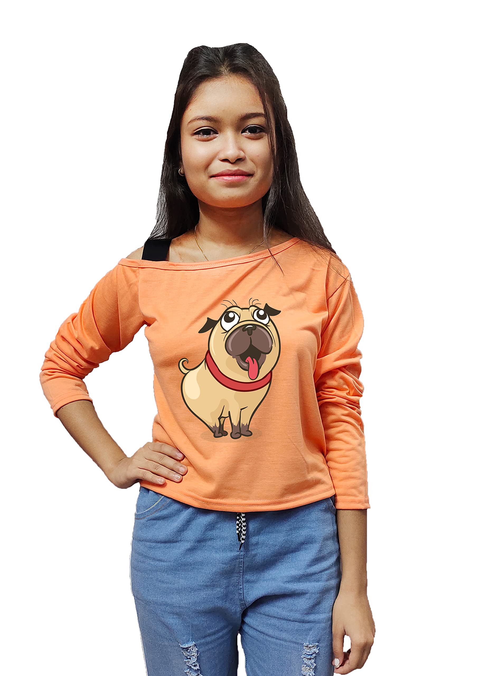 MODARUECute Pug Dog Graphic Cartoon Printed Full Sleeves One Side Off Shoulder Cotton Top/T-Shirt for Girl's