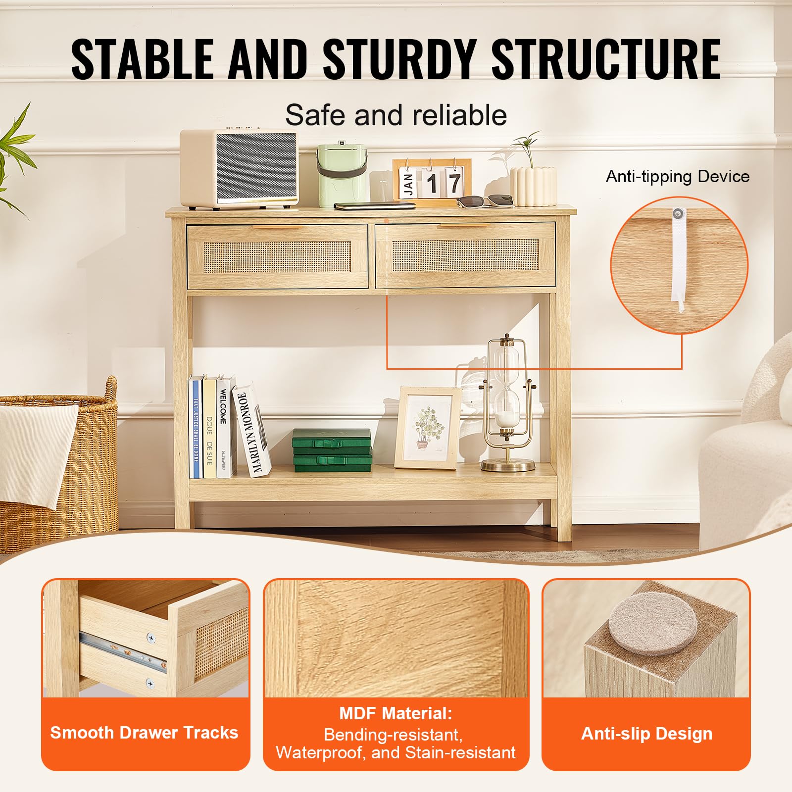 VEVOR Tavolo Consolle in Rattan con 2 Cassetti Portaoggetti, Tavolo Ingresso con Porta Scorrevole in Rattan Naturale, Tavolo Consolle Divano per Soggiorno, Studio, Ingresso o Parete TV, Naturale