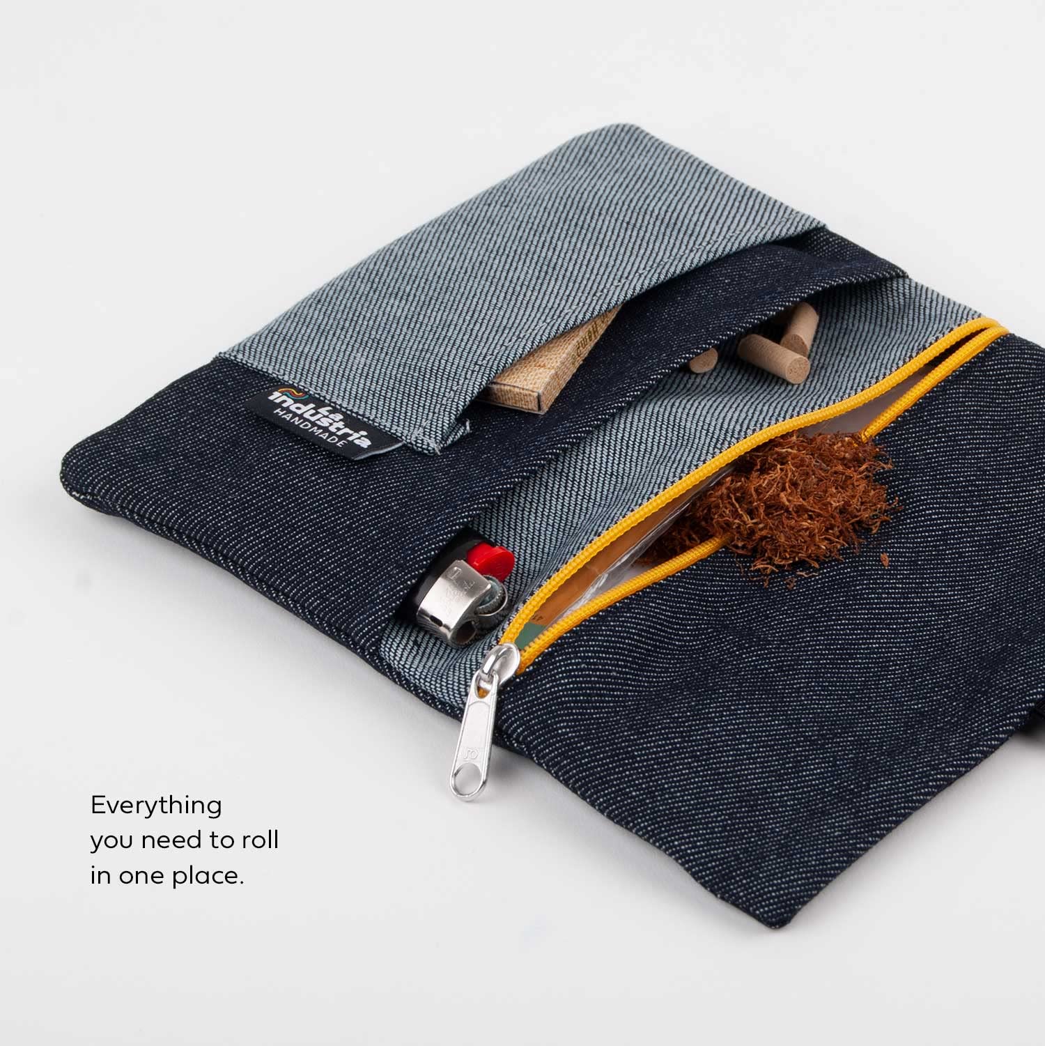 Tabaktasche Jeansstoff - Tabakbeutel Drehtabak Tasche Denim (Gelber Reißverschluss)