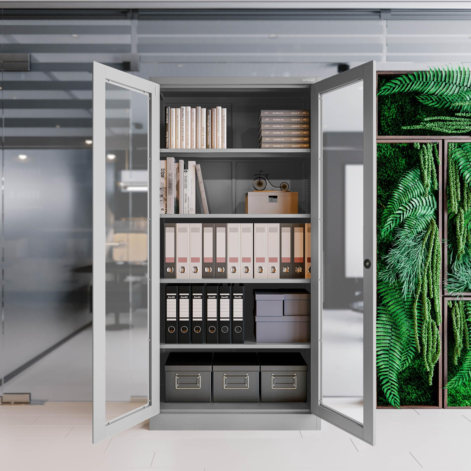 Jan Nowak Aktenschrank C012 Glasvitrine Büroschrank Universalschrank Flügeltürschrank Stahlblech Pulverbeschichtung abschließbar 185 cm x 90 cm x 40 cm (Grau)