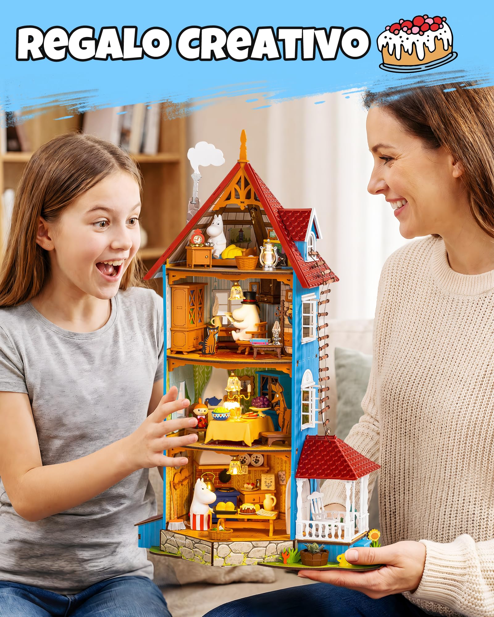 Rolife DIY Miniatura Casa delle Bambole Moominhouse 441 Pezzi | Puzzle 3D Legno Ufficiale Moomin, Casa Moomin a 4 Livelli con LED e 4 Statuine, Kit Fai da Te senza Colla, Regalo Adulti