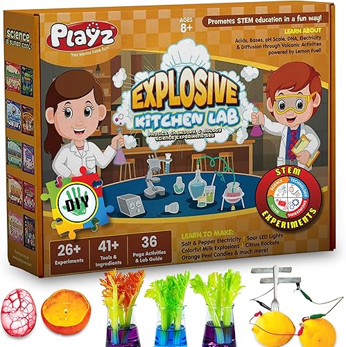 Playz Explosive Kitchen Lab 26 Juego de experimentos de física química y biología hacer electricidad de sal y pimienta luces LED verdes coloridos