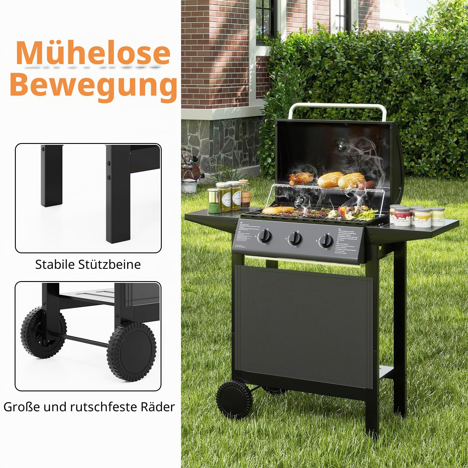 KOMFOTTEU Gasgrill mit 3 Brennern & Thermometer, 24.000 BTU, Außengrill mit 2 Seitenplatten, Grillrost, 2 Rollen, Gartengrill für Camping, Hof, 106 x 47 x 98 cm
