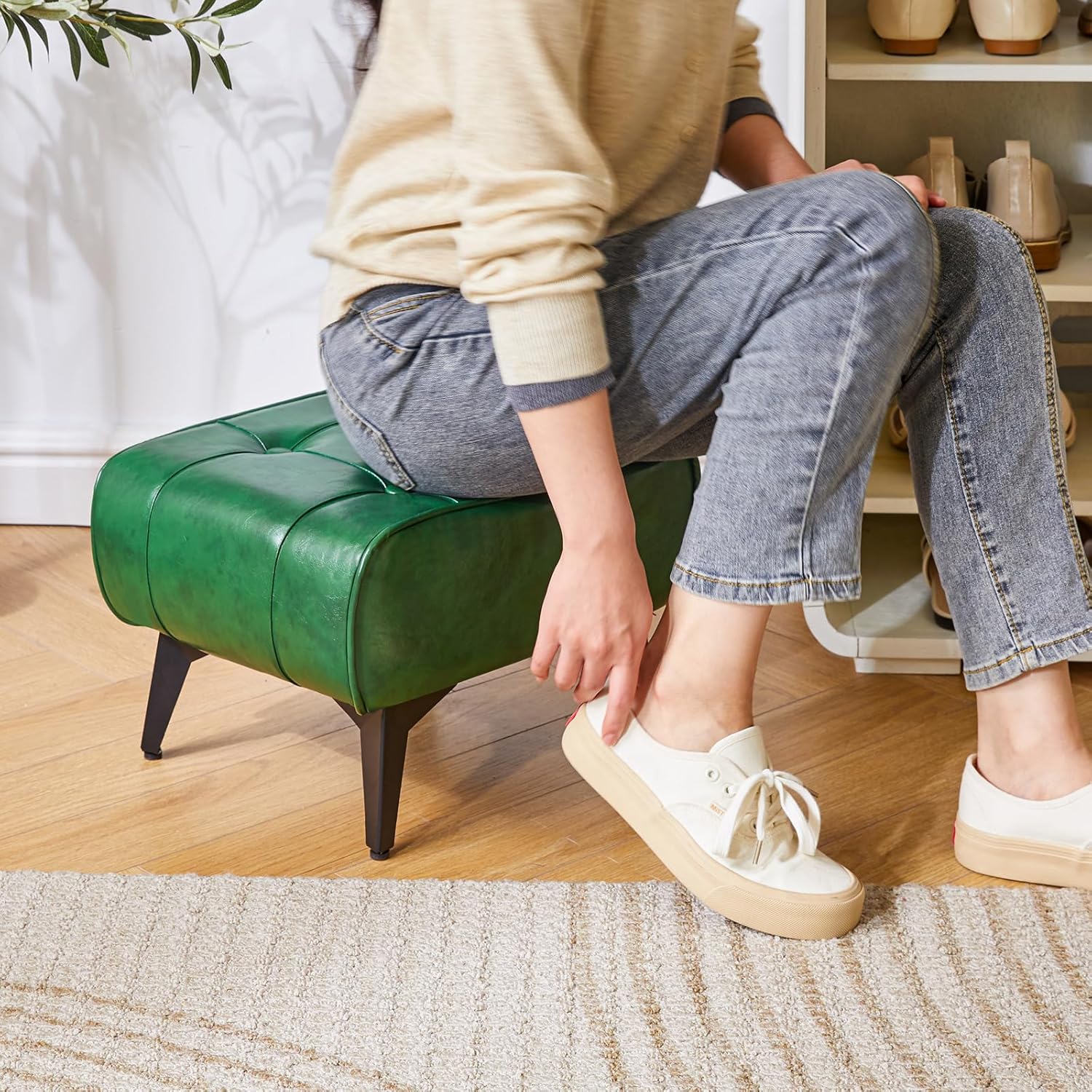 YMYNY Ottoman, Foot Stool with Metal Legs, Faux Leather Stool, Pouf Couch Stool, Modern Multifunctional Small Square Accent Small Table for Bedroom, Living Room 15.75"D×11.81"W×10.24"H Green UHBD037GR