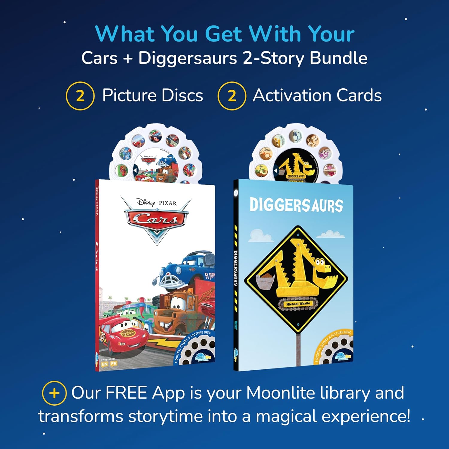Moonlite Storytime 2-Story Bundle, Requires Moonlite Projector (Sold Separately), Cars and Diggersaurs, Vibrant Storybook Art Projections with Sound Effects & Music