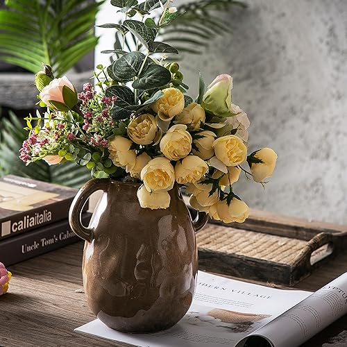 Miniatura 9 de Kimdio Jarrón de cerámica azul con 2 asas, moderno jarrón de granja para decoración del hogar, jarrón de cerámica rústica, florero decorativo de