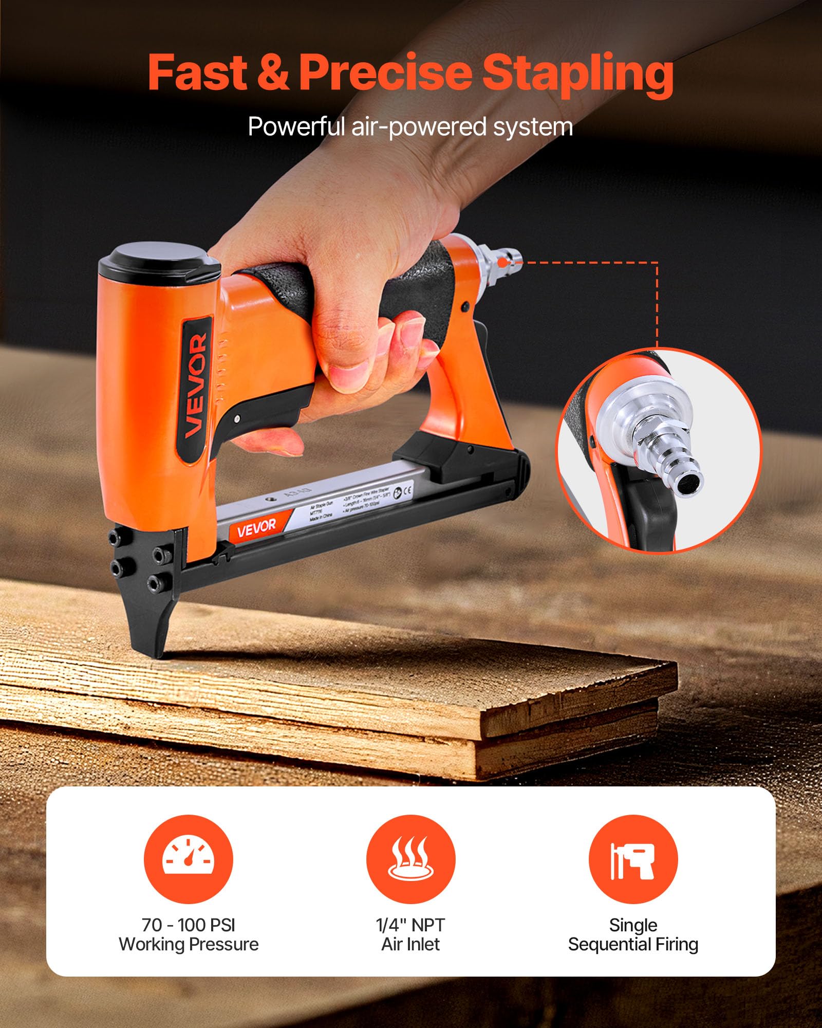 VEVOR Agrafeuse Pneumatique, Calibre 22, Compatible avec Agrafes Fil Fin Série 71 Non Incluses de Largeur Couronne 9,5 mm de Longueur 6-16 mm, Capacité 180 PCS, pour Tapisserie, Menuiserie, Bricolage