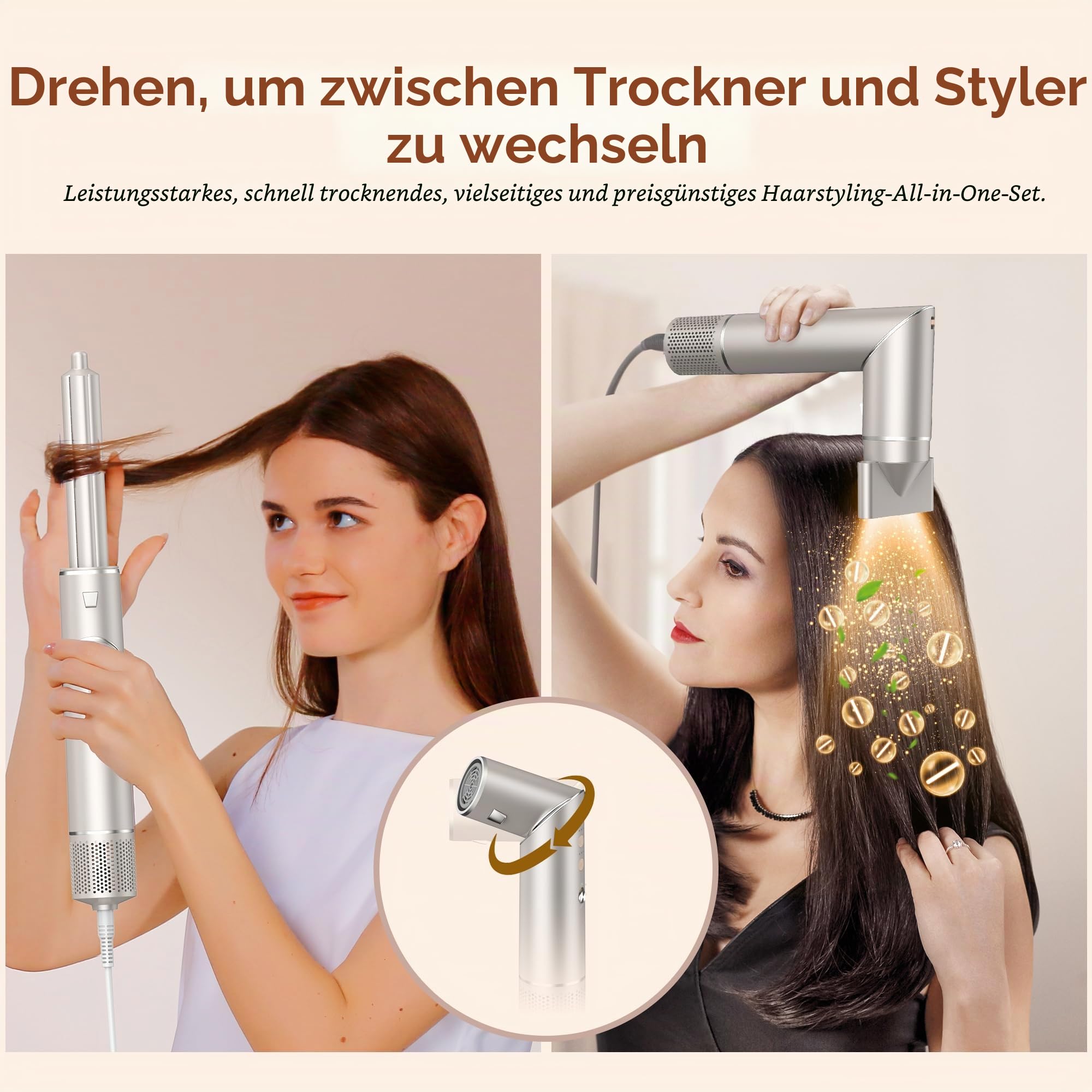 UKLISS 7 in 1 Hairstyler Pro Airstyler Ionen Föhn High-speed Haartrockner Heißluft Lockenwickler Thermal Brush Haarglätterbürste Warmluftbürste Föhnbürste Stylingbürsten Hair Styler, Champagnergold