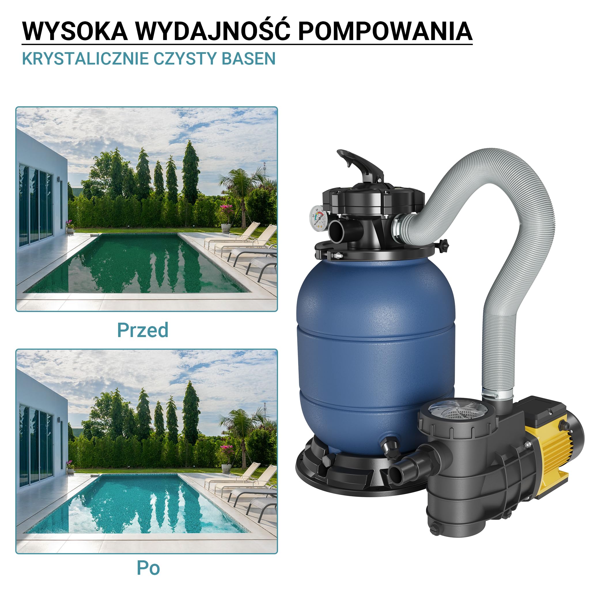 Wiltec Filtr piaskowy z pompą basenową HZS-200, profesjonalny system filtracyjny do basenów, samozasysająca pompa piaskowa do basenu o mocy 220 W