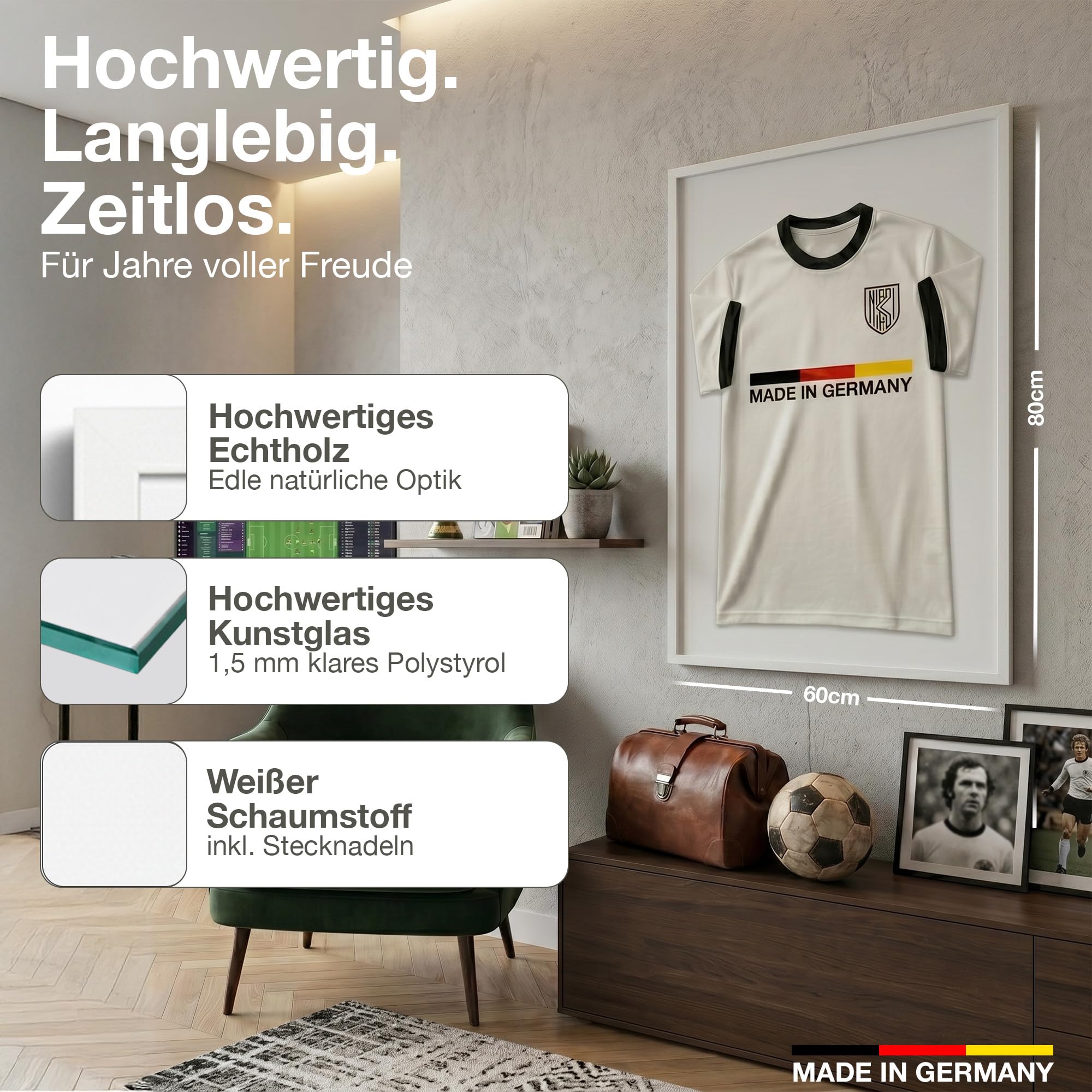Cornice per maglia da calcio Premium in legno Bianco 60x80 cm - Made in Germany - Teca maglia calcio sfondo bianco - Cornice per magliette extra larga - Quadro porta maglia - Teca maglietta