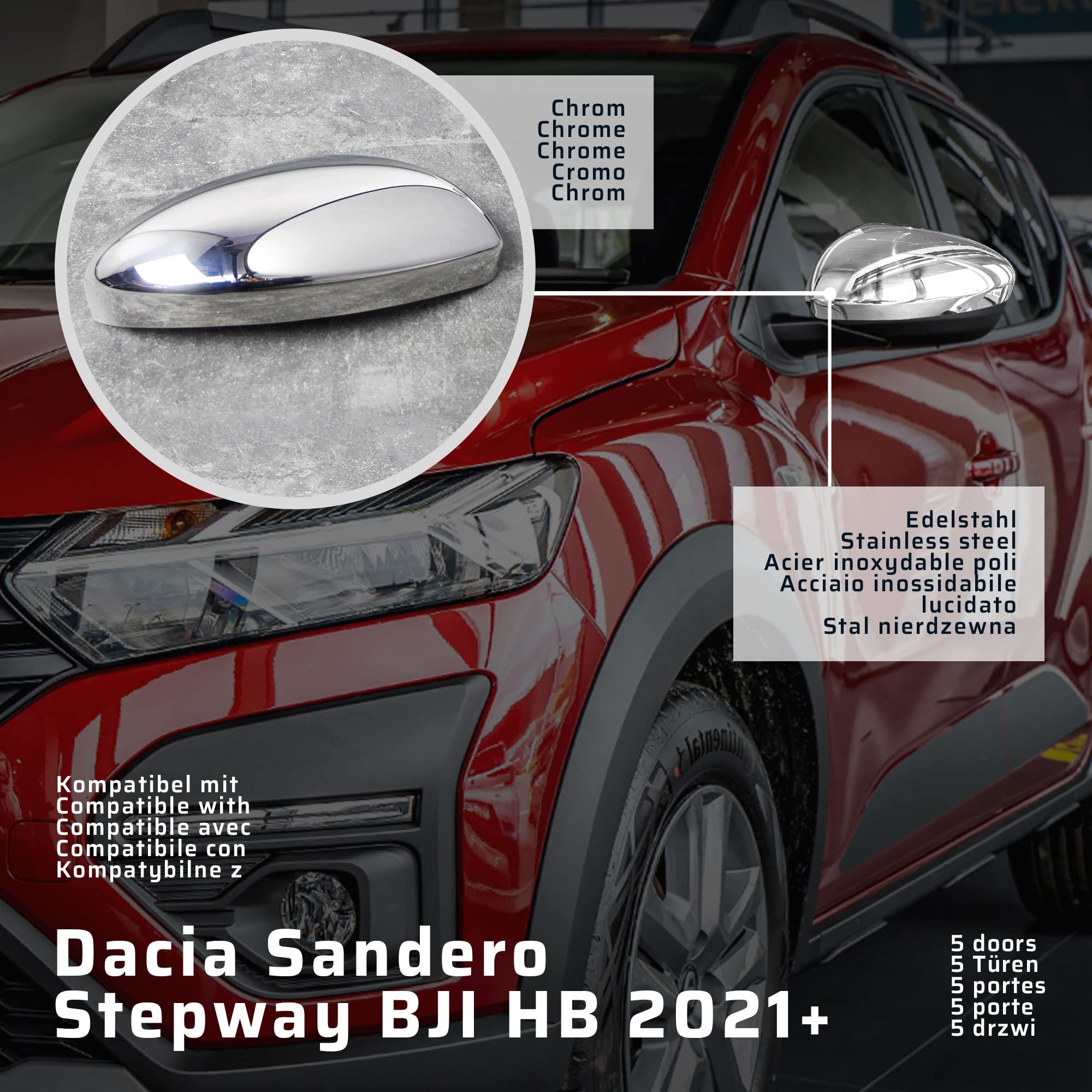 CHROMEMASTER | Nakładki na Lusterka Zewnętrzne | Kompatybilne z Dacia Sandero Stepway BJI Hatchback, 5 Drzwi od 2021 | Inox; Osłony Lusterek to Niepowtarzalny Wygląd Auta i Ochrona Przed Uszkodzeniem
