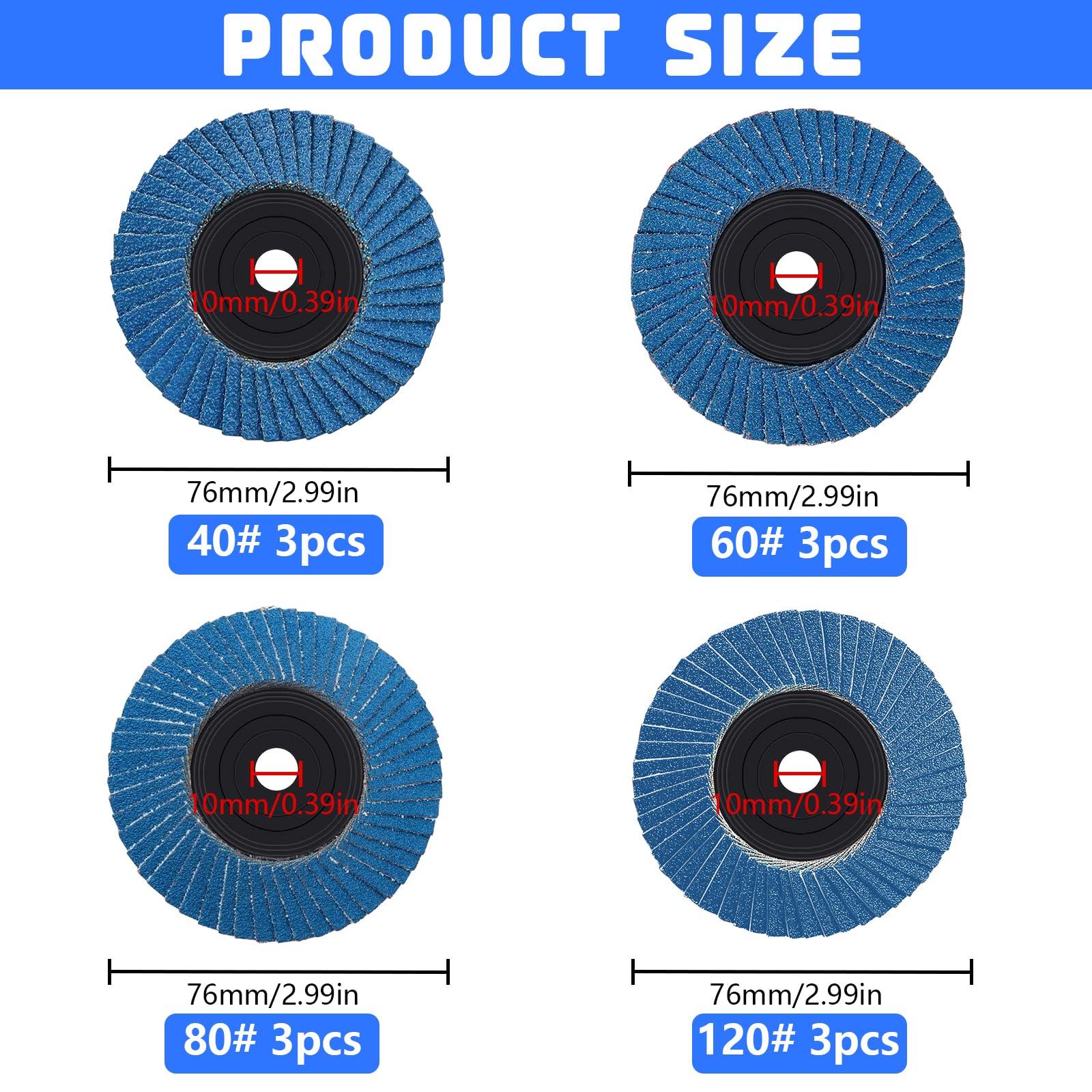 12 Pezzi Disco Abrasivo Lamellare, Dischi Lamellari 76 mm, Grana 40/60/80/120, Dischi Smeriglio Lamellari per Smerigliatrice Angolare a Batteria (Blu)
