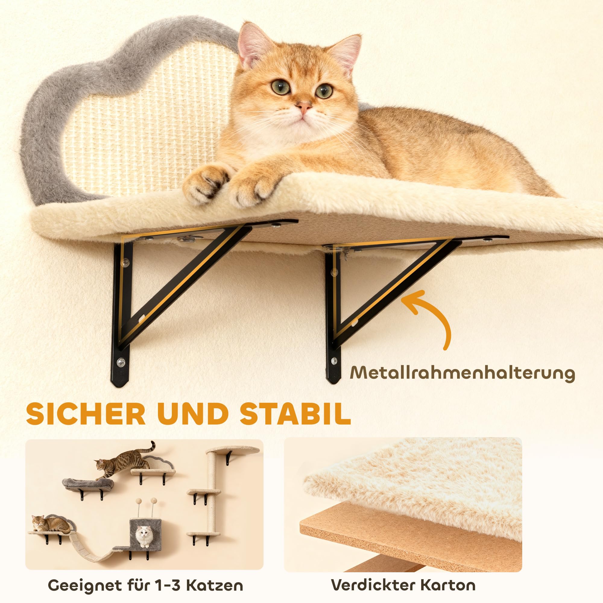 PawHut Katzen Kletterwand Set Kratzbrett 4-teilig bis zu 5 kg Beige | Bett, Kratzbaum mit Höhle, Weicher Leiter, Katzenmöbel