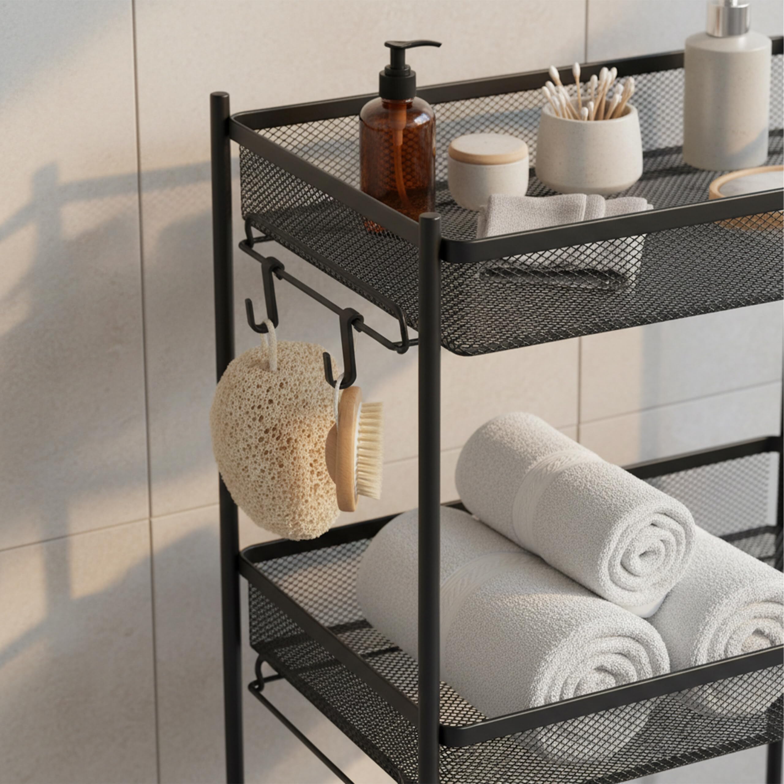 Chariot Relaxdays 4 étagères en Maille - desserte Cuisine/Salle de Bain/Bureau, 84×44,5×26 cm, métal Noir