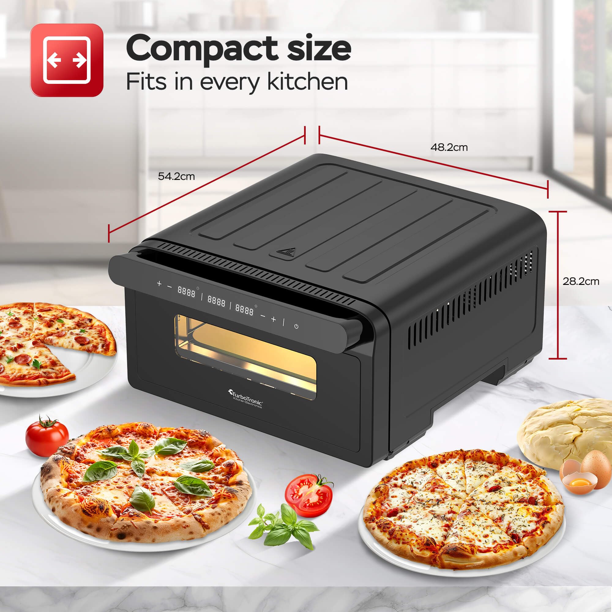 Turbotronic Four à pizza électrique jusqu'à 430 °C pour 31 cm (12") Pizza New York avec pierre à pizza – Utilisation intérieur/extérieur – 2000 W – Idéal pour maison, jardin, table ou cuisine mobile