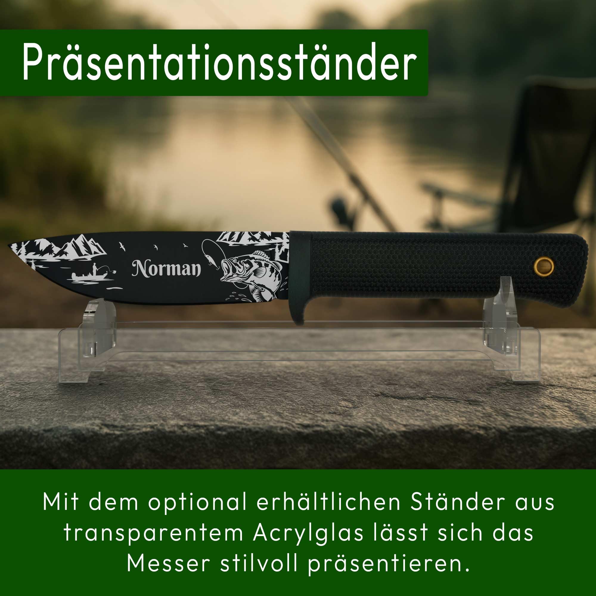ADAM WILD Angelmesser mit Gravur | schwarze Klinge | Geschenke für Angler | Personalisiertes Anglermesser, Name & Motiv graviert | robuste Edelstahlklinge & gummierter Griff | inkl. Messerscheide