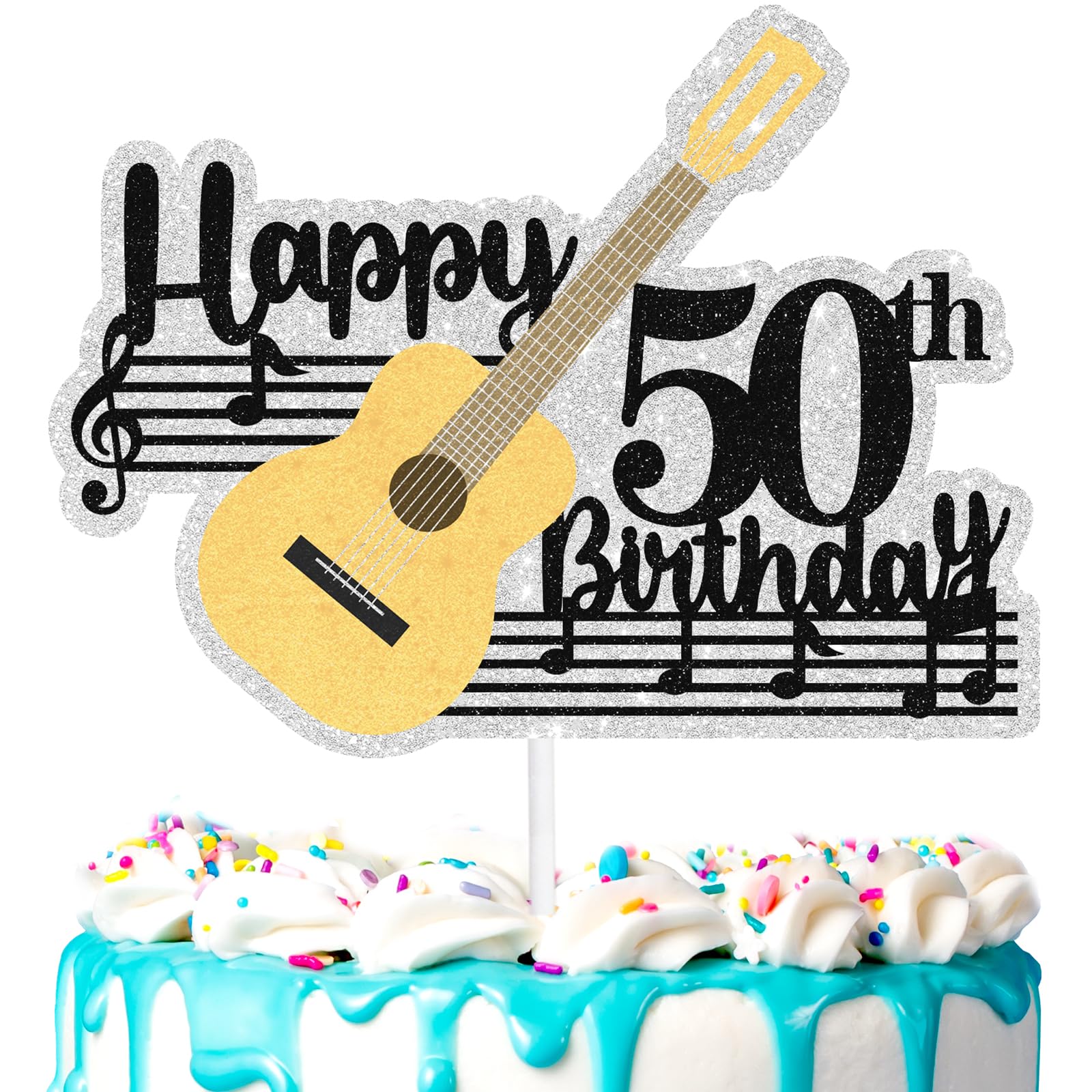 Acoustic Guitar 50th Birthday Cake Topper, Music Note Theme Party Decorations for Men Women, Classic Musician Instrument Number 50 Cake Pick (50th)