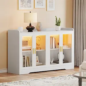DWVO 55'' Sideboard Buffet Cabinet with LED Light, Coffee Bar Cabinet with 4 Doors & Adjustable Shelves, Large Storage Cabinet for Kitchen, Dining Room, Living Room, White