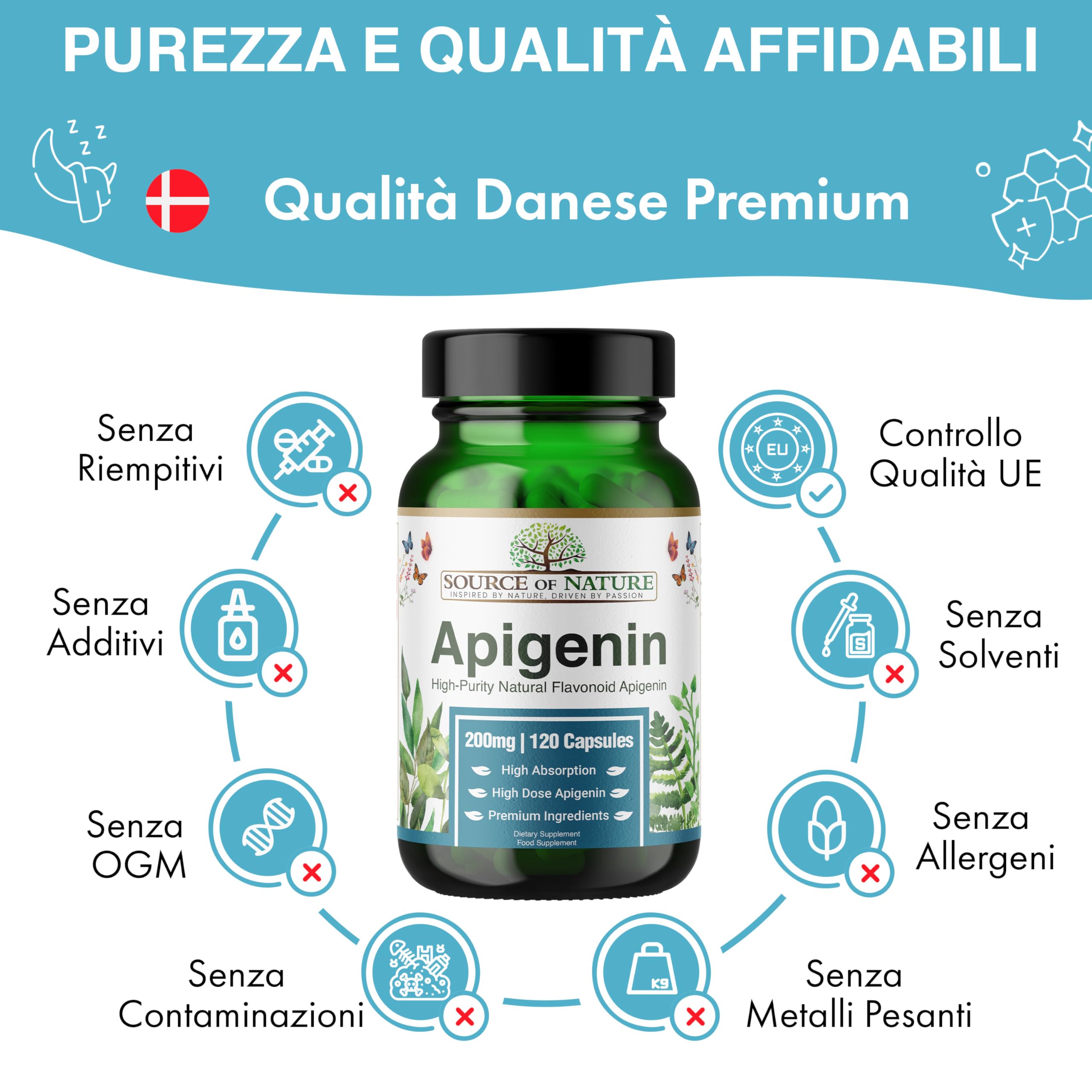 Source of Nature® | 200mg Apigenina | 120 Capsule | Integratore Premium di Flavonoidi | Senza Additivi Indesiderati | Qualità Danese Premium | Testato da Terze Parti