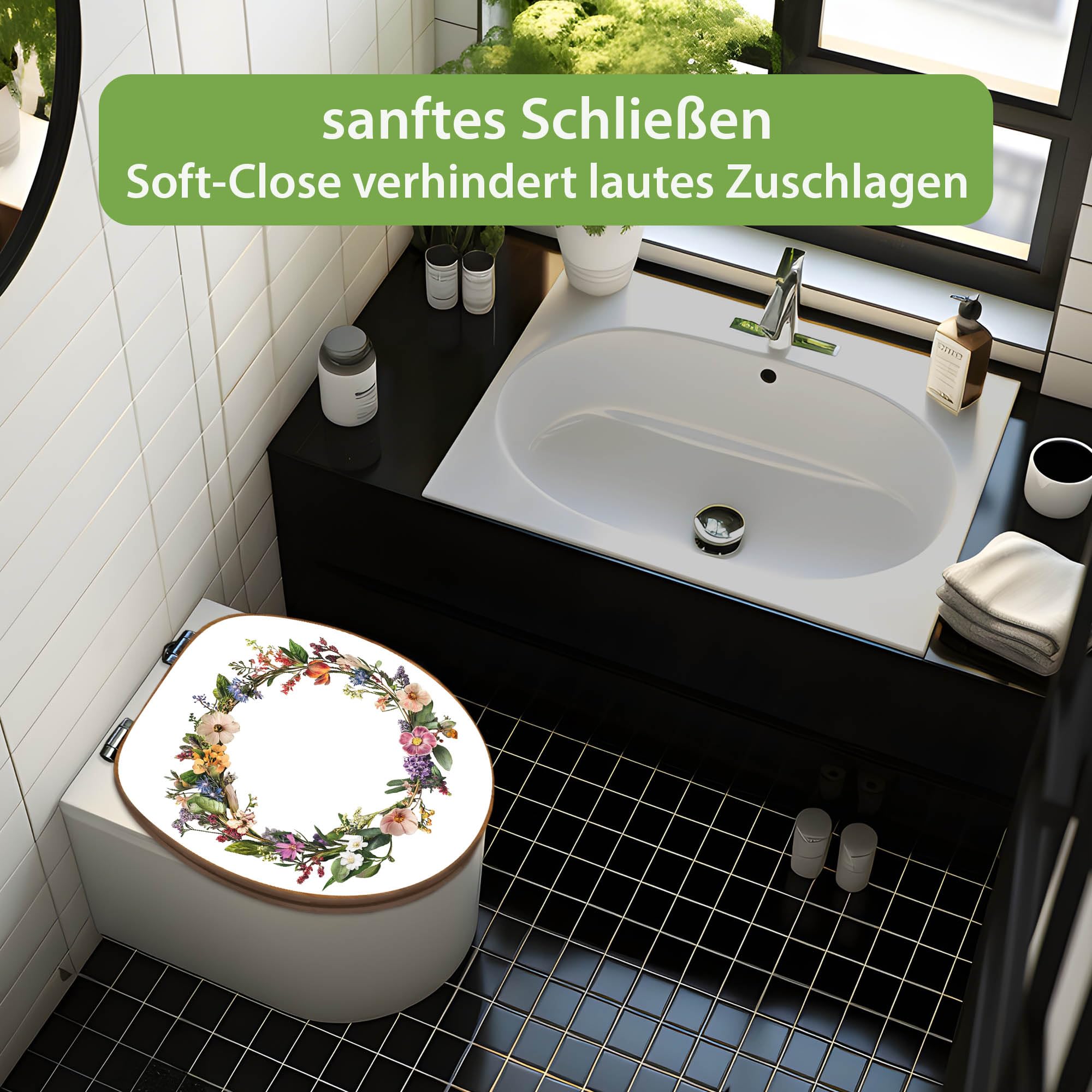 banjado Design WC Sitz Bambus Absenkautomatik 45,8x37,5cm - Toilettendeckel mit Absenkautomatik Holz - hochwertiger Bambus Klodeckel - WC-Sitz für gängigen Toiletten - Motiv Blumenkranz der Jahreszeit