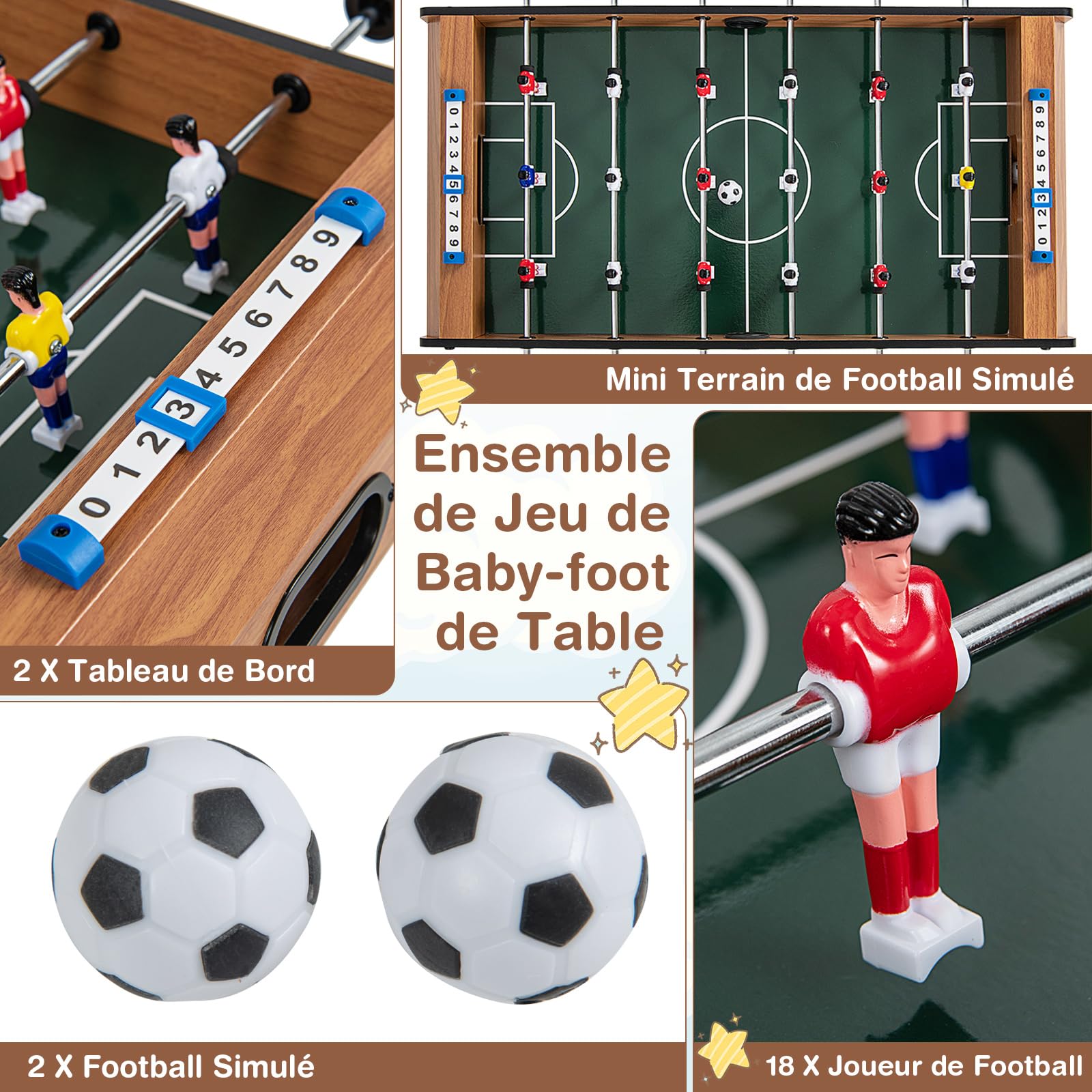 COSTWAY Baby-Foot en Bois avec Poignée Durable & 18 Joueurs, Table de Jeu avec 2 Ballons & 2 Tableau de Bord, Jouets pour Adulte et Enfant pour Fête, Bar, Salle de Jeux, 69 x 36 x 24 cm…