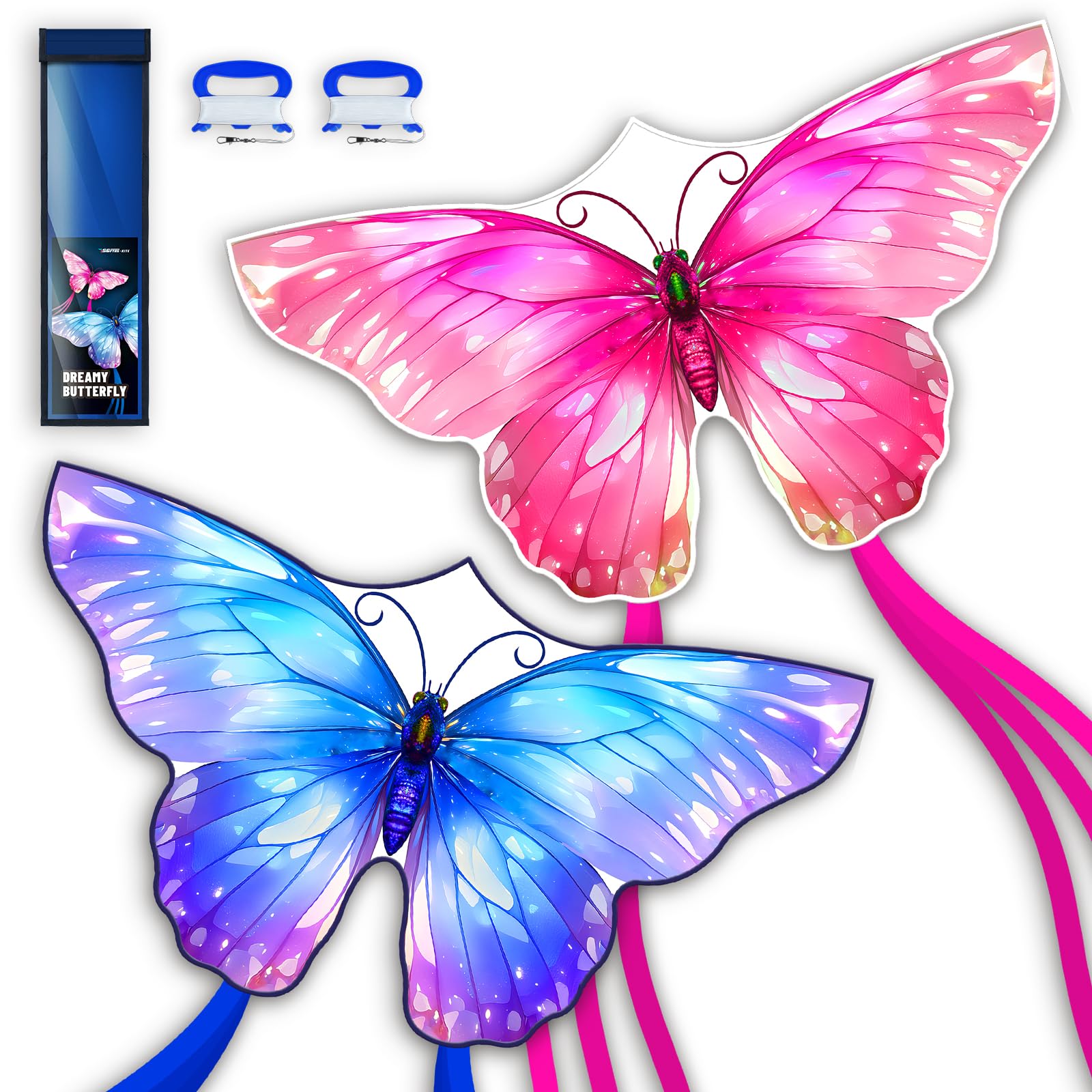 SGftre 2 Piece Set Butterfly Kites for Kids and AdultsEasy to Fly Outdoor Toy for Boys and Girls, for Children, Ideal for Beach and Outdoor Activities (Pink +Blue Dreamy Butterfly, 2)