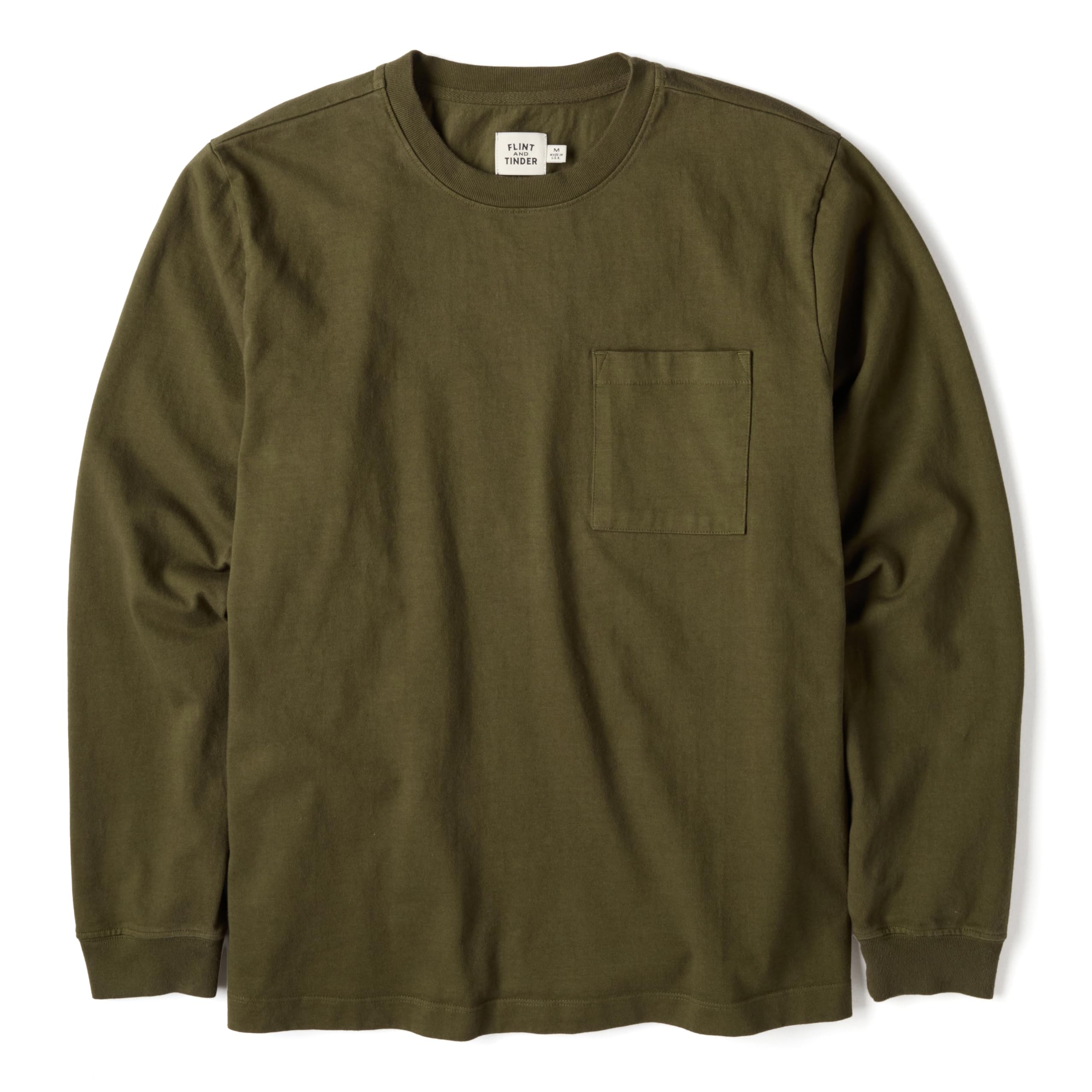 Huckberry Men's Dark Olive Flint And Tinder American Heavyweight Pocket Longsleeve T-Shirt, Shirt, Large