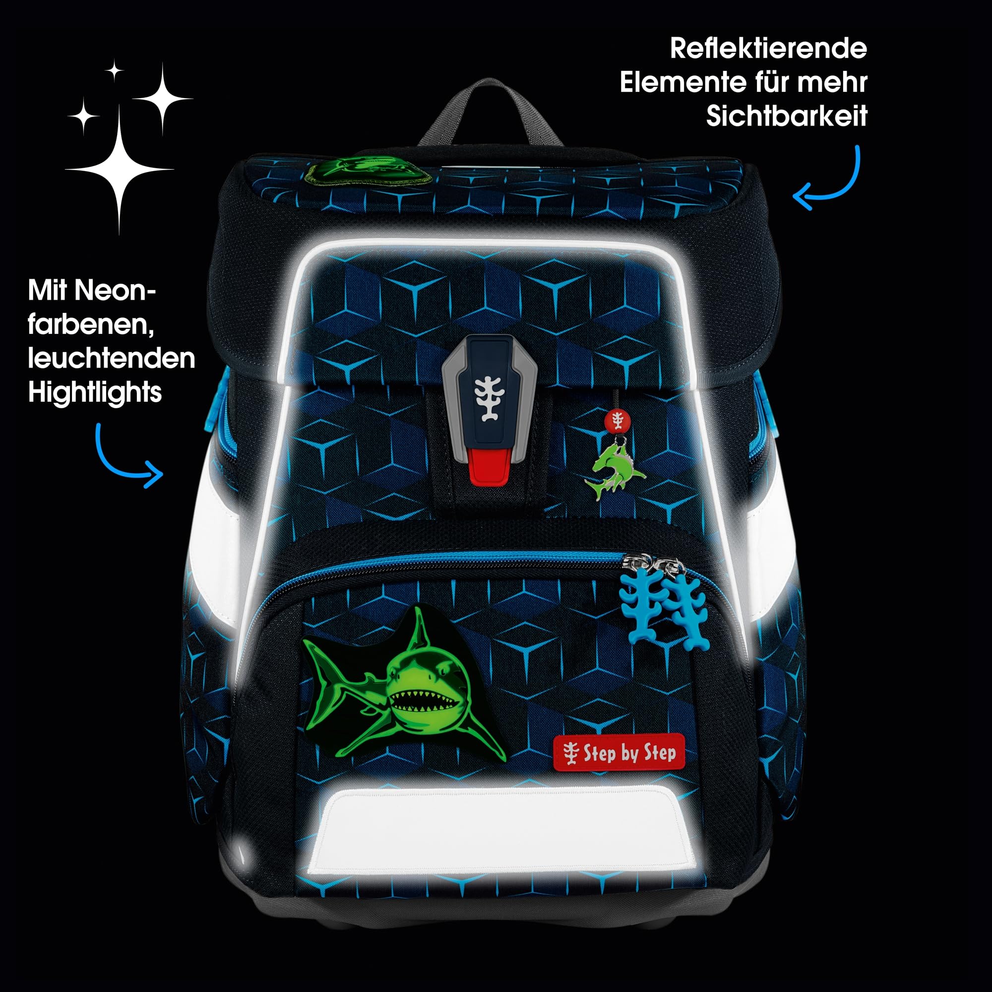 Step by Step Schulranzen-Set Space Shine „Shark Dexter“ 5-teilig, ergonomischer Tornister aus reflektierendem Material, höhenverstellbar, ab 1. Klasse, 20L, blau-schwarz, Hai