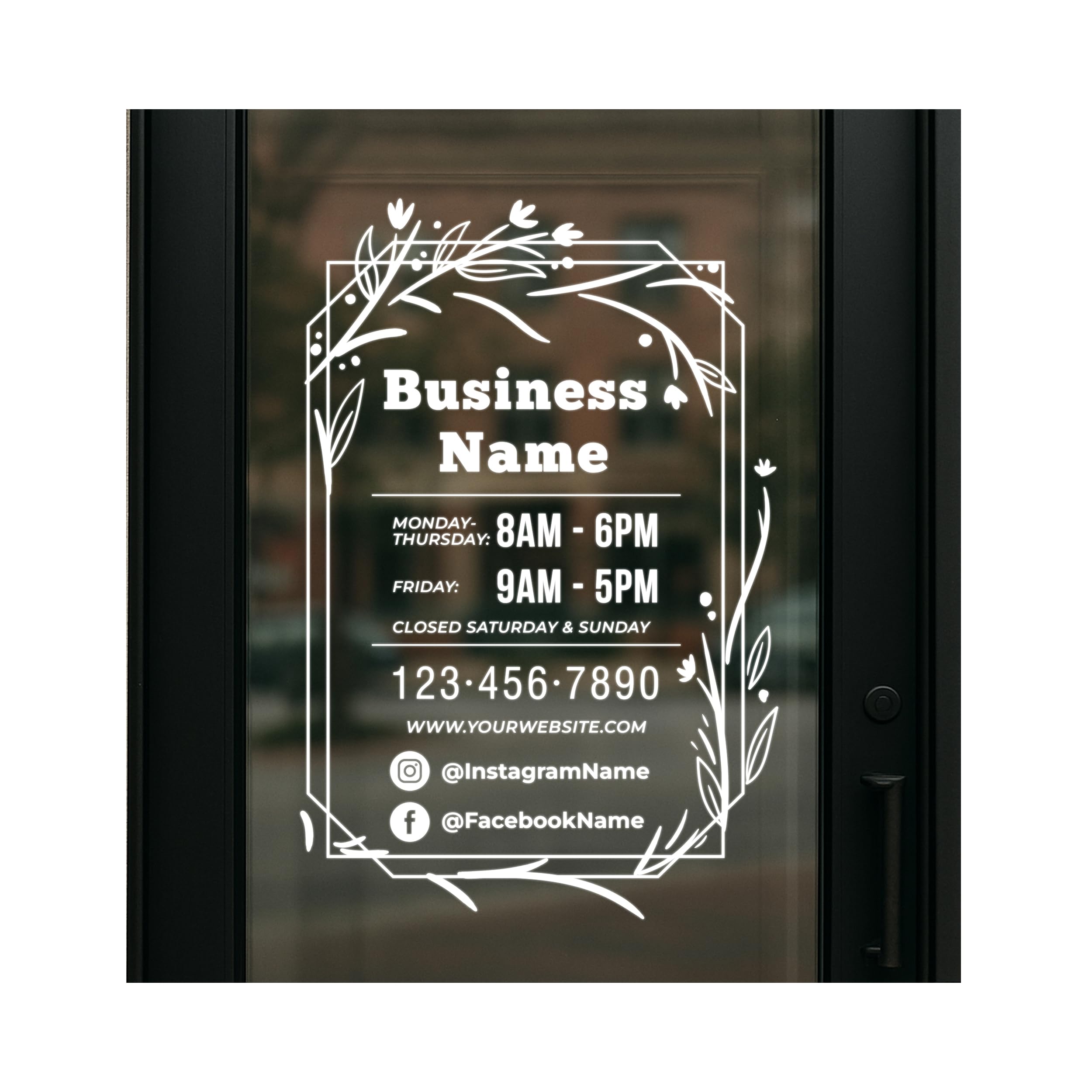 Custom Business Hours Sign with Decorative Frame - Perfect for Storefronts, Offices, and Restaurants - Includes Social Media Handles and Contact