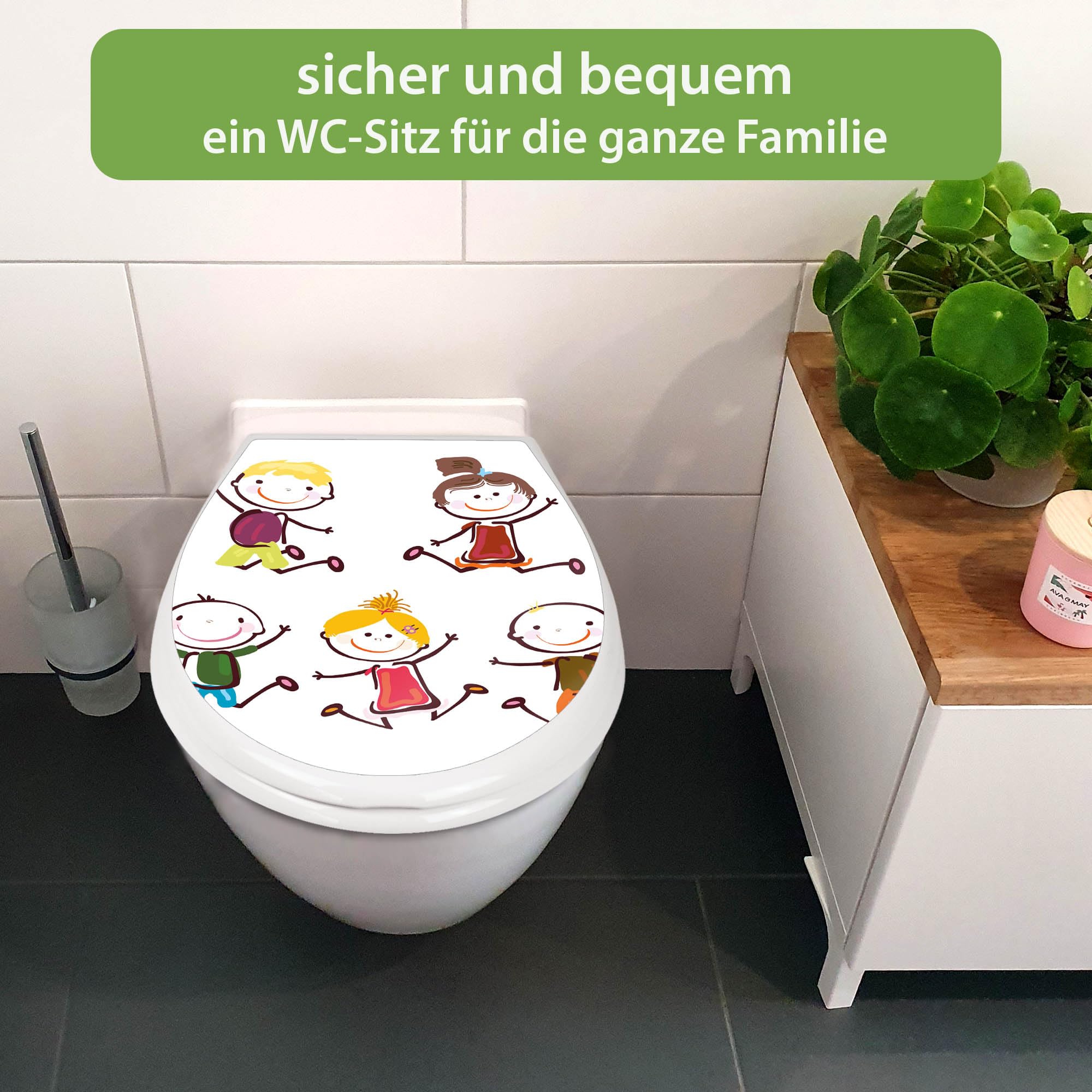 banjado Familien WC Sitz mit Absenkautomatik 44,9x37,1cm - Klobrille mit Kindersitz aus hochwertigem Polypropylen - Toilettendeckel mit Kinder Toilettensitz integriert - Motiv Happy Kids