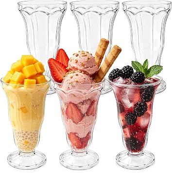 Cheardia 6 Pack Plastic Milkshake Glasses, 13.5 oz Old Fashioned Soda Glass Footed Ice Cream Cups, Clear Pina Colada Fountain Glasses Milkshake Cups for Sundae, Juice, Tropical Drinks, Party