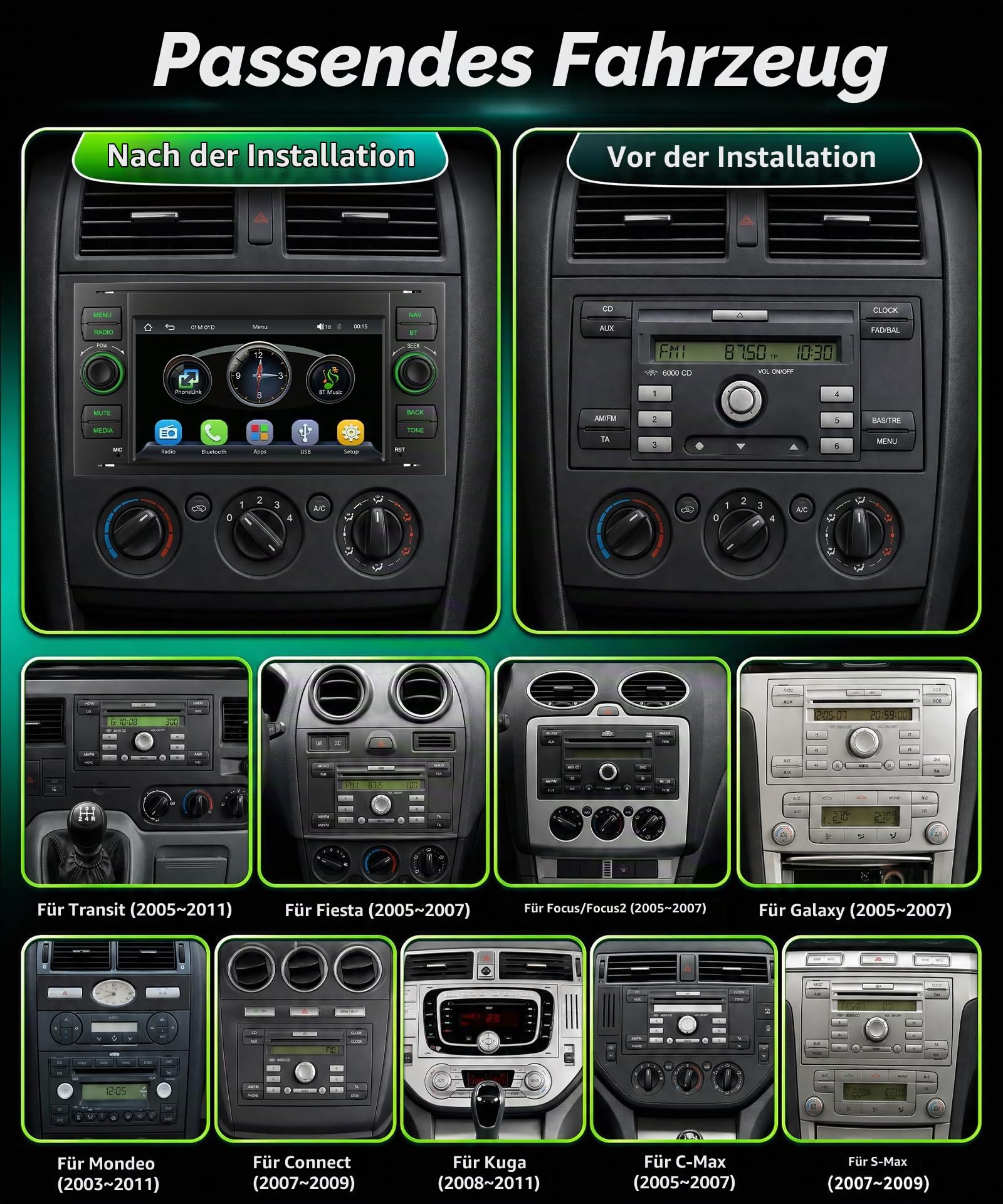 Rimoody Autoradio für Ford Focus C-Max S-Max Kuga Fiesta Transit Fusion Mondeo Galaxy Connect Wireless Carplay Android Auto Bluetooth FM/AM/RDS, 7 Zoll Touchscreen Radio EQ/SWC/USB/Navi Rückfahrkamera