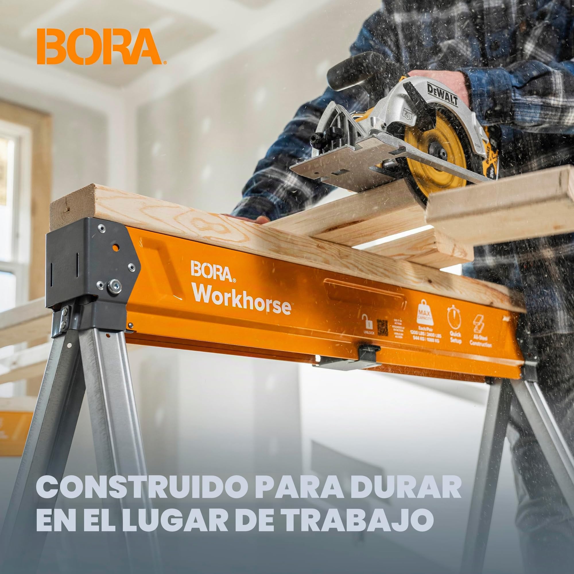 BORA Workhorse - Caballos de Sierra, Paquete de 2 caballetes Plegables Resistentes con Patas Ajustables, Caballo de Sierra Resistente para contratistas, Banco de Trabajo portátil PM-3330T, Naranja