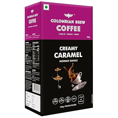 Colombian Brew Creamy Caramel Instant Coffee Powder, No Sugar Vegan, 100g Box