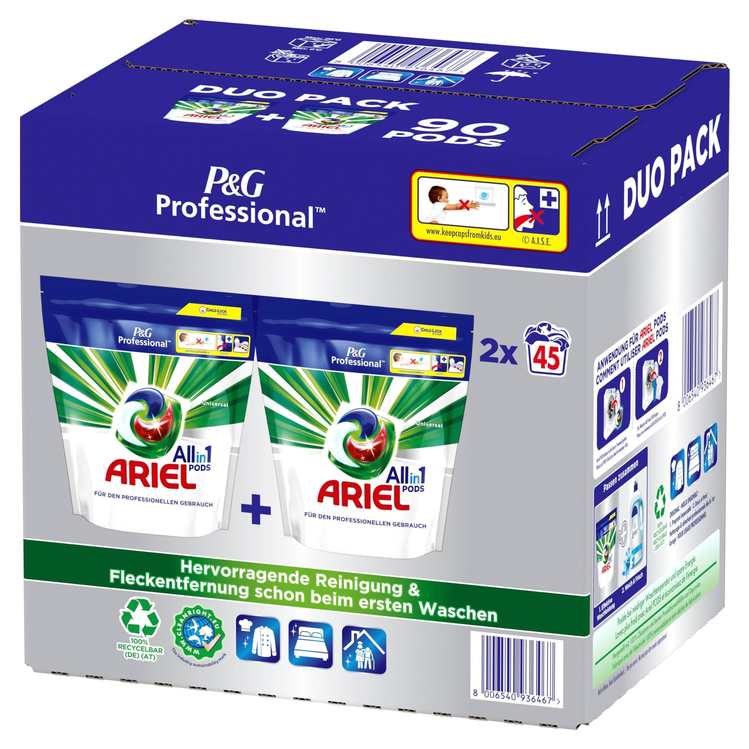 Ariel Professional All-In-1 Pods Regulär Waschmittel, 90 Waschladungen (2 x 45 Kapseln), Waschpods, professionelle Wäschepflege, ausgezeichnete Fleckentfernung ab der ersten Wäsche